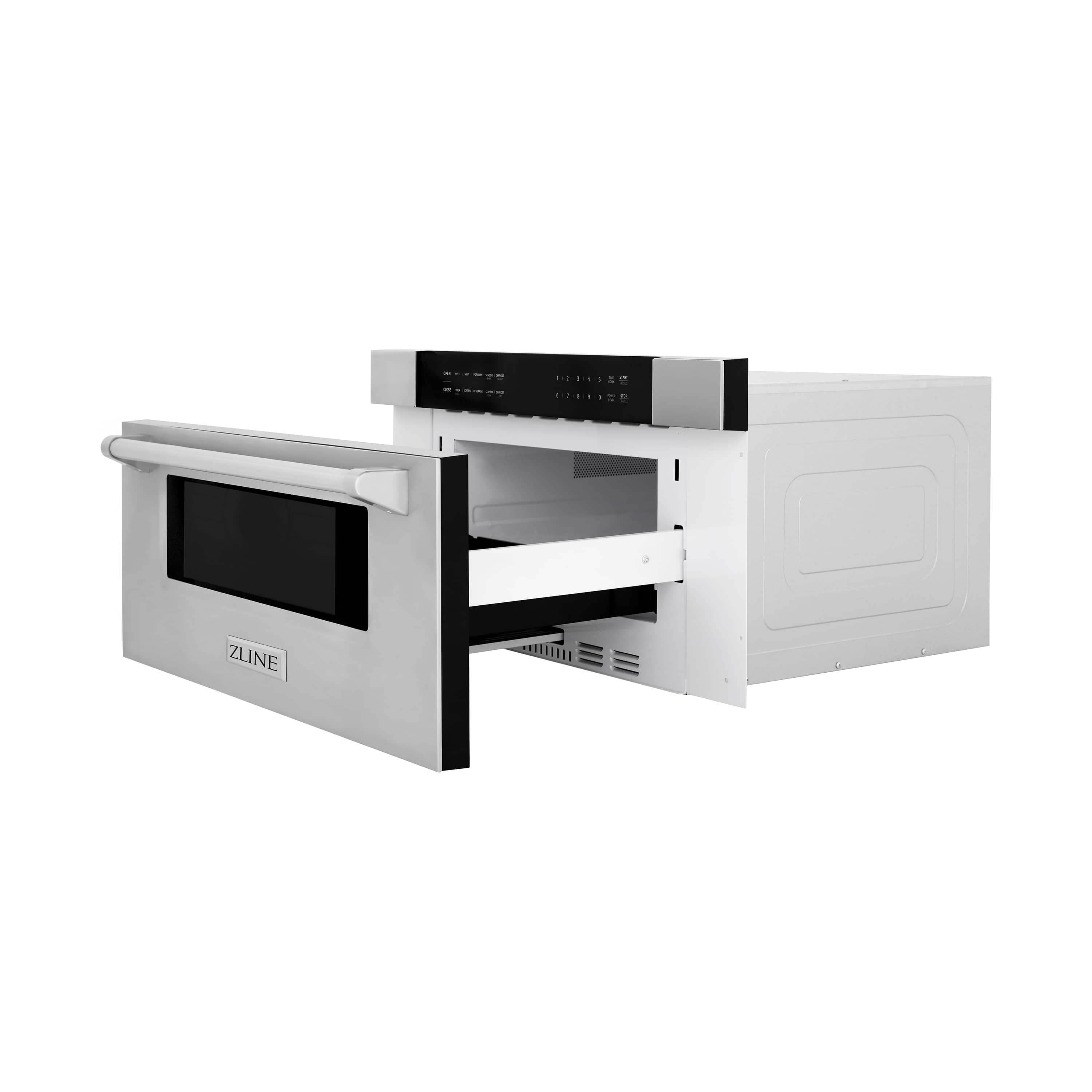 Stainless steel built-in microwave drawer with open door and control panel