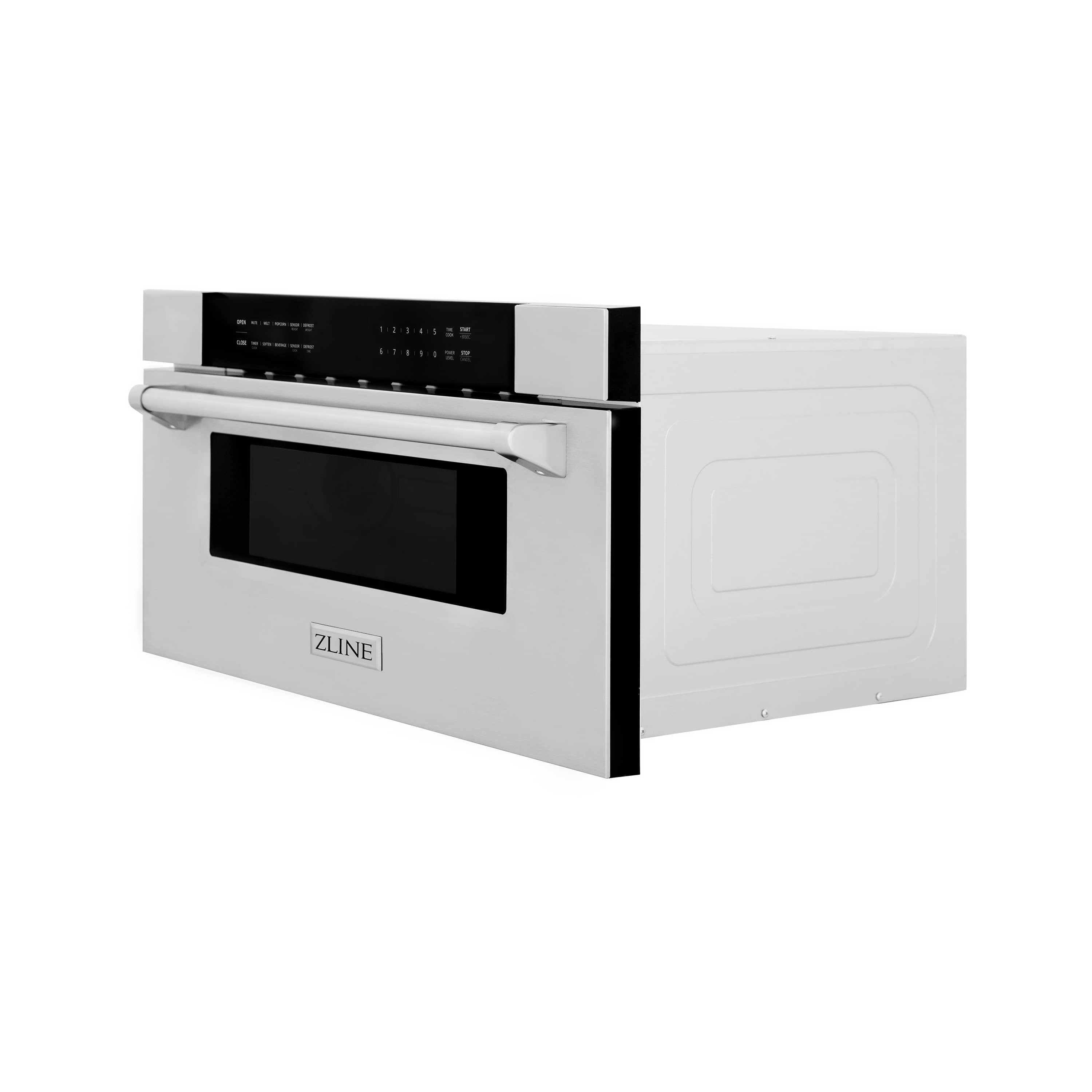 Stainless steel microwave drawer with dark door window and control panel