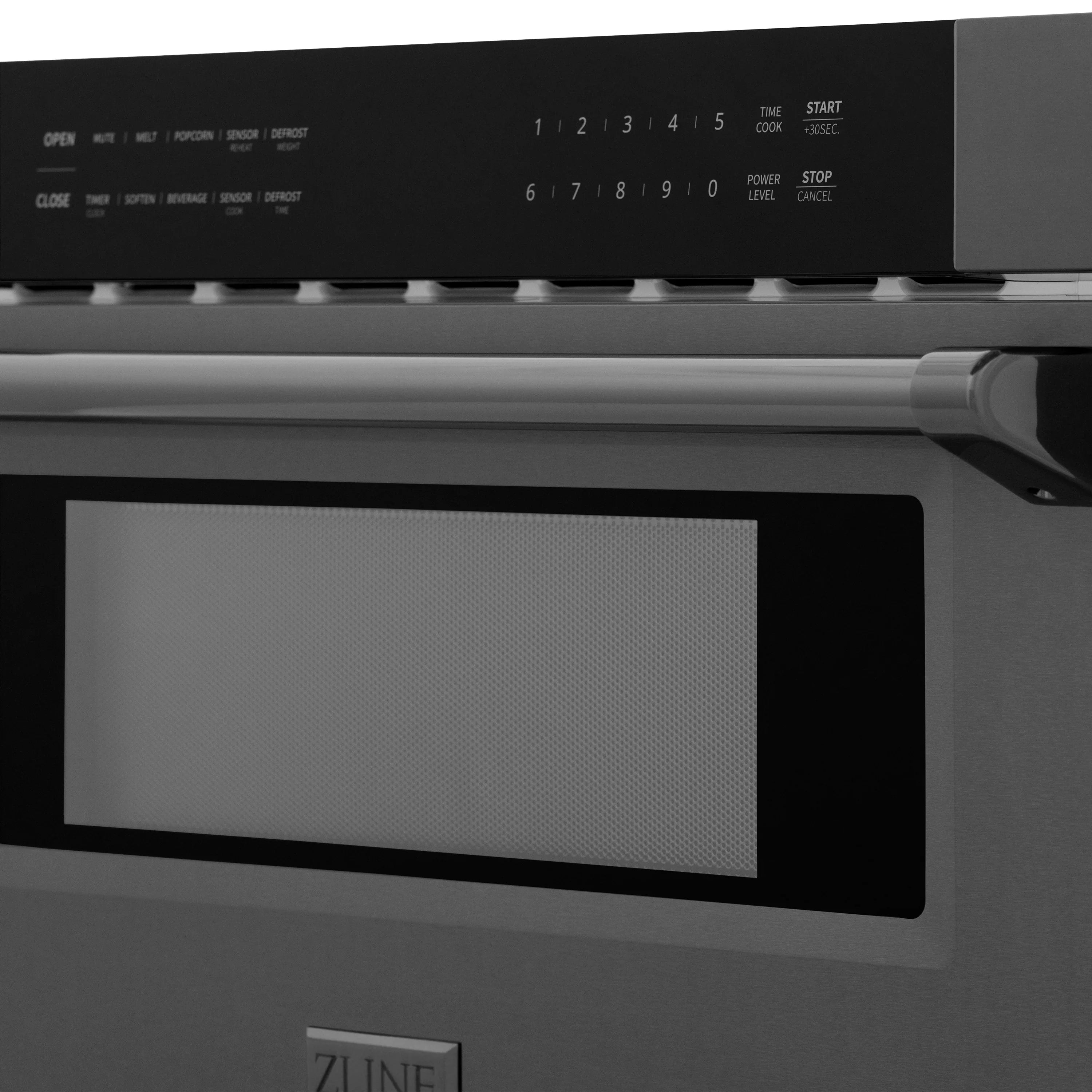 Close-up of black microwave drawer control panel with buttons and recessed door window