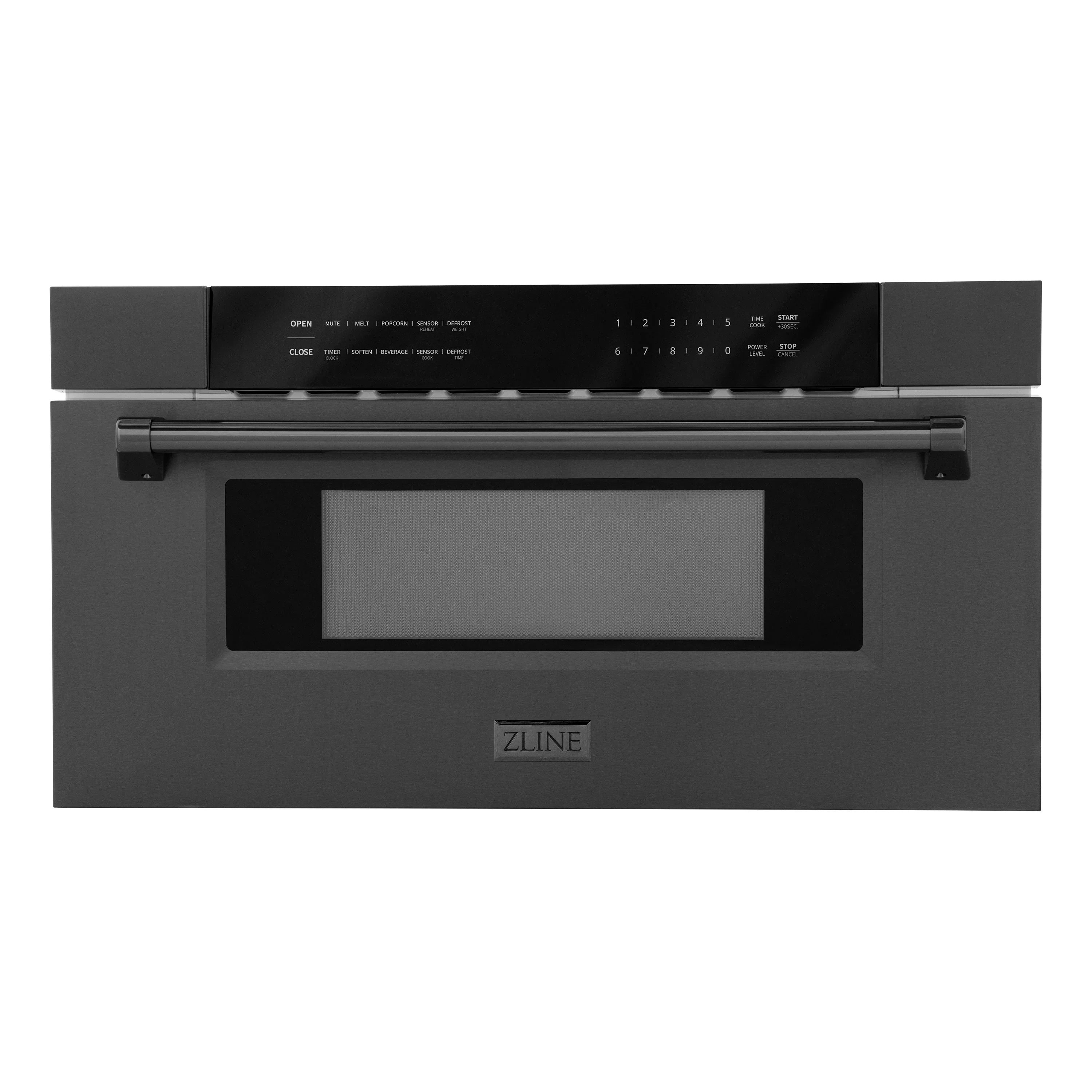 Black stainless microwave drawer with dark window and ZLINE logo, front view