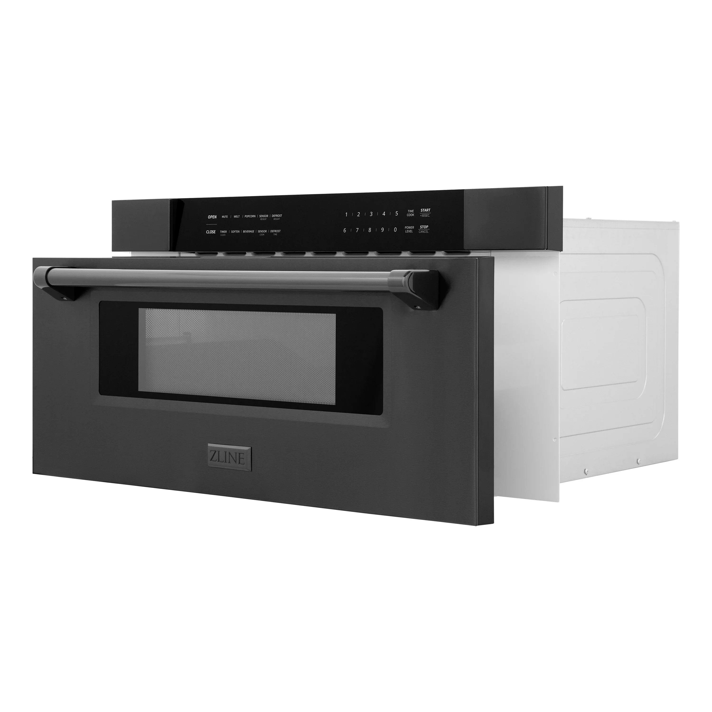 Black stainless microwave drawer with control panel and ZLINE badge, angled view
