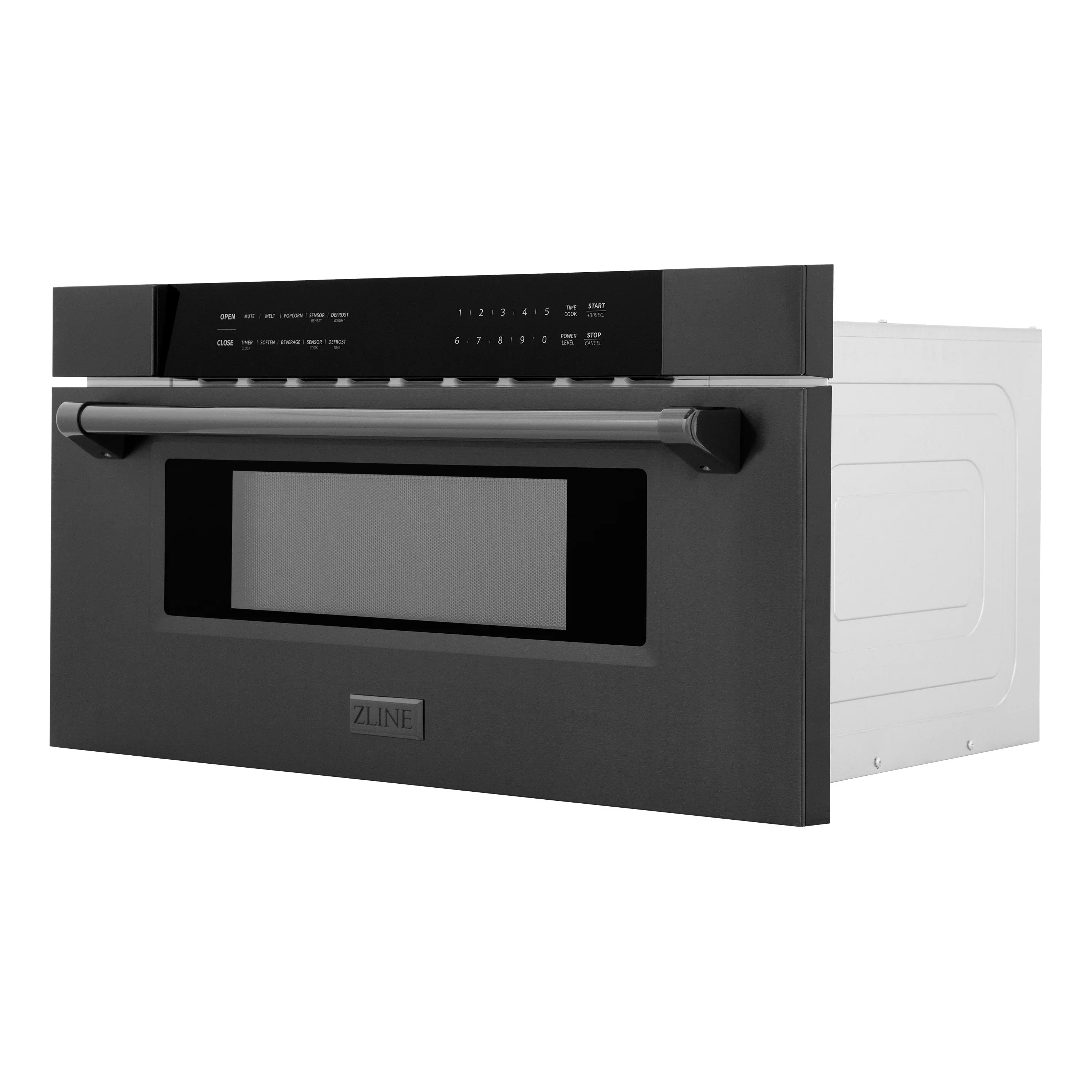 Microwave drawer in dark finish with handle and control panel, side angle view