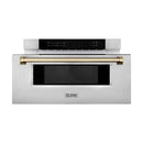 ZLINE 5-Piece Appliance Package - 48-Inch Autograph Edition Gas Range, Wall Mount Range Hood, 36-Inch French Door Refrigerator with Water Dispenser, Dishwasher, and 30-Inch Microwave Drawer in Stainless Steel with Champagne Bronze Accents