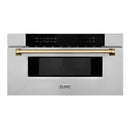 ZLINE 5-Piece Appliance Package - 36-Inch Paramount Autograph Gas Range, Wall Mount Range Hood, 36-Inch French Door Refrigerator, Dishwasher, and 30-Inch Microwave Drawer in Stainless Steel with Champagne Bronze Accents