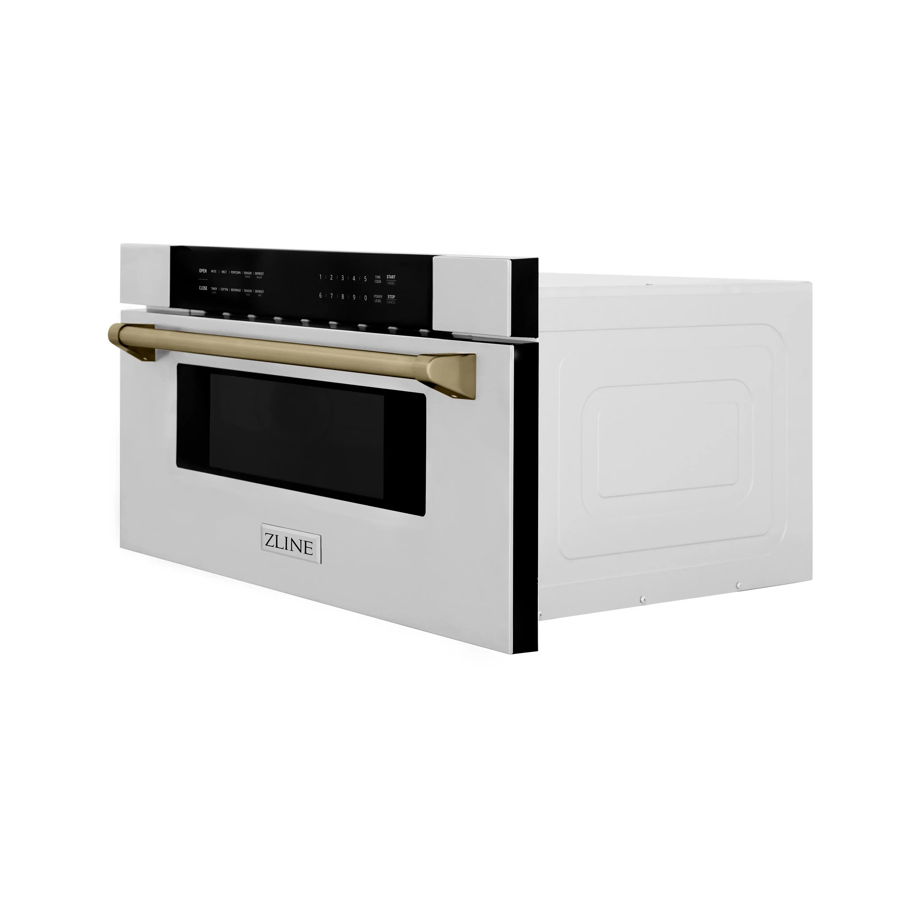Stainless steel gas range with black display, side profile, and champagne bronze handle