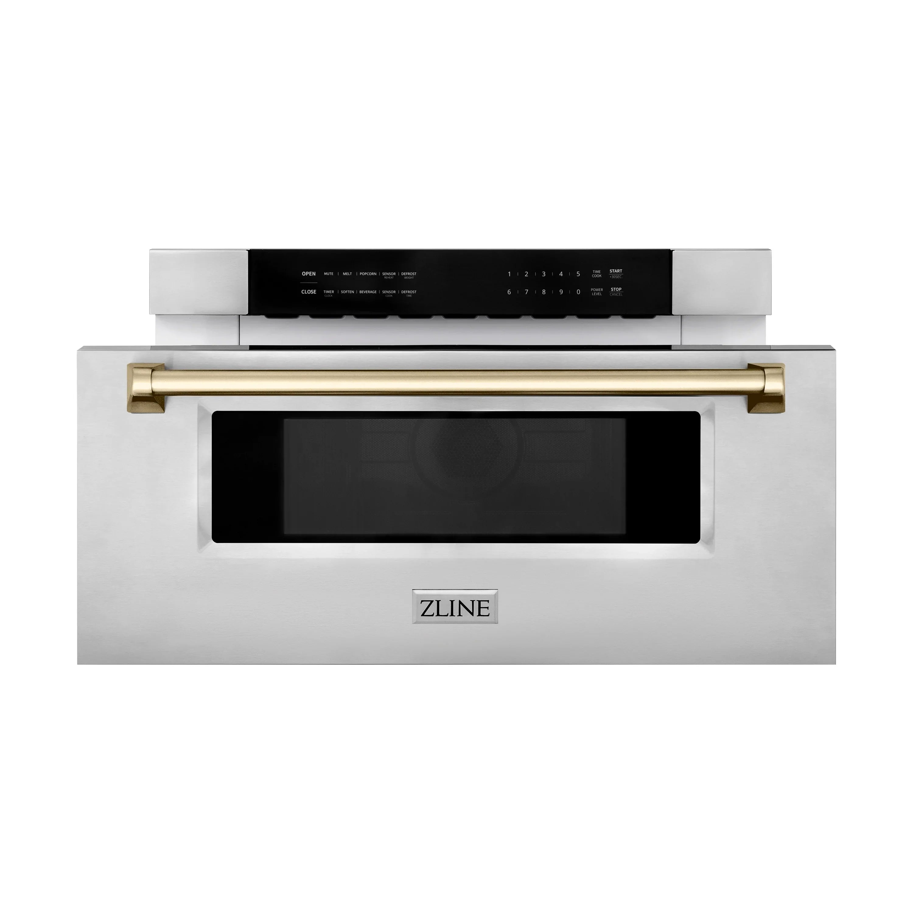 Stainless steel microwave drawer with gold bar handle and dark display panel