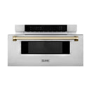 ZLINE 5-Piece Appliance Package - 36-Inch Legacy Autograph Dual Fuel Range, Wall Mount Range Hood, 36-Inch French Door Refrigerator with Water Dispenser, Dishwasher, and 30-Inch Microwave Drawer in Stainless Steel with Gold Accents