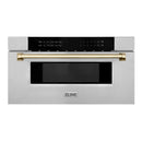 ZLINE 5-Piece Appliance Package - 48-Inch Paramount Autograph Gas Range, Wall Mount Range Hood, 36-Inch French Door Refrigerator, Dishwasher, and 30-Inch Microwave Drawer in Stainless Steel with Gold Accents