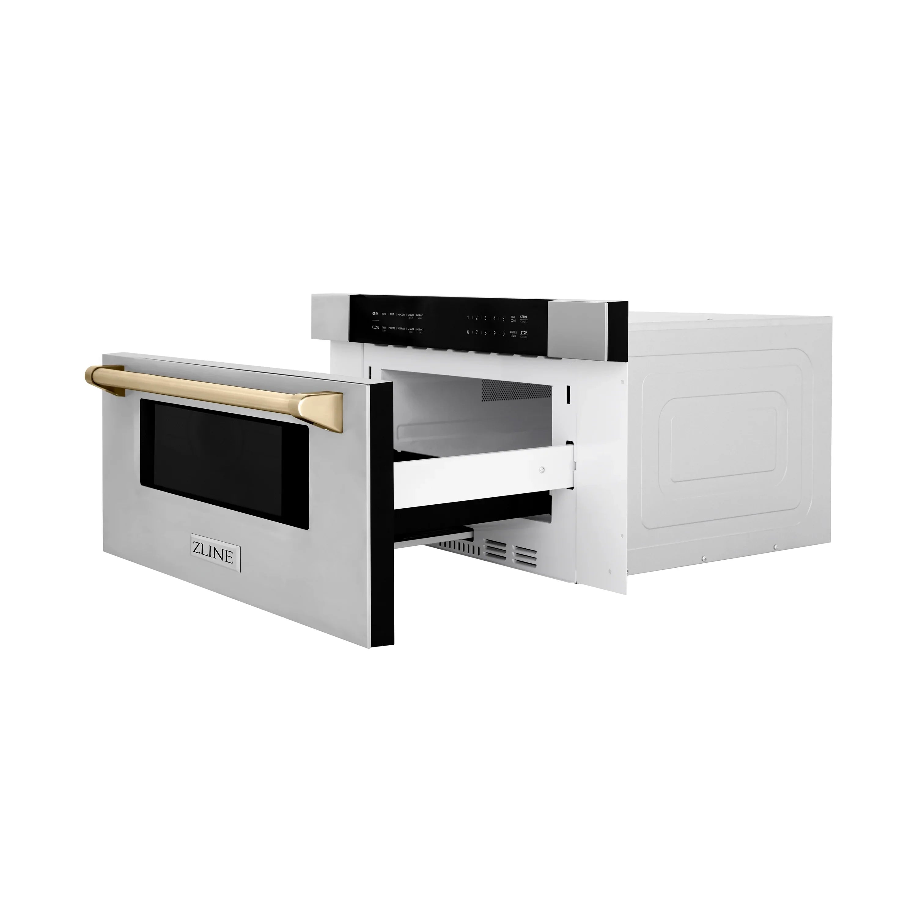 Stainless steel range with open drawer, gold bar handle, and black oven window