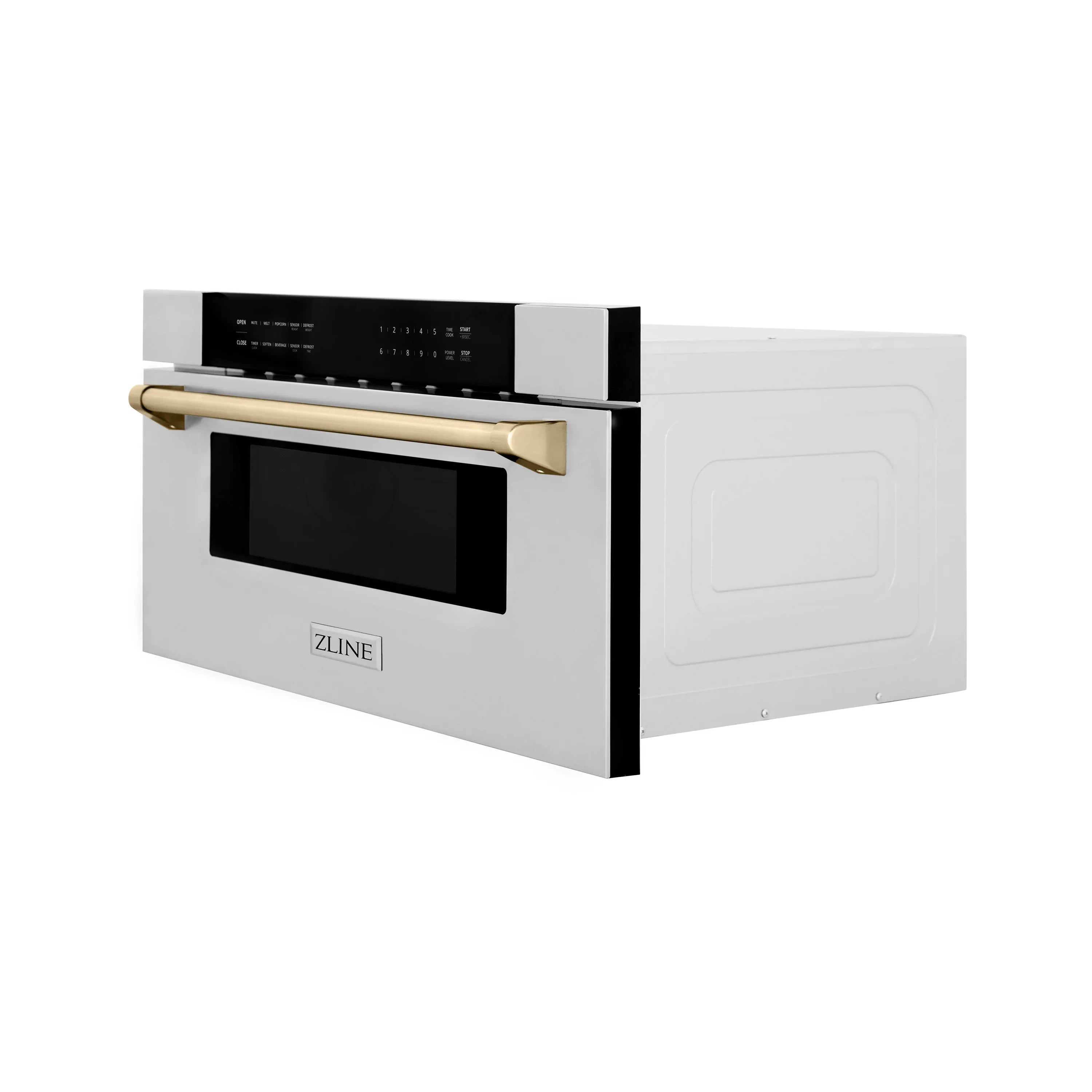Stainless steel microwave drawer with black window and gold handle accents.