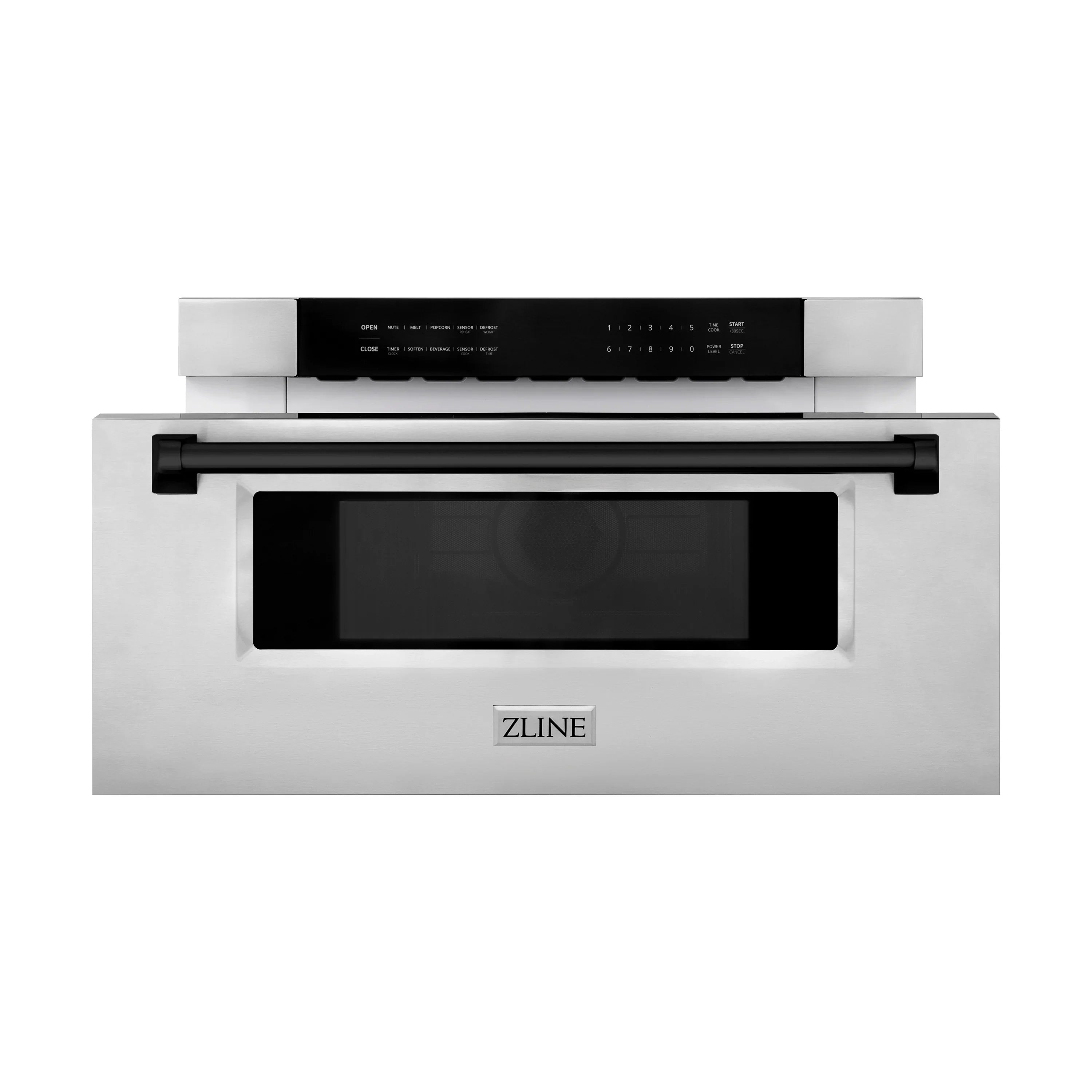 Microwave drawer front, stainless steel with black glass display and ZLINE logo.