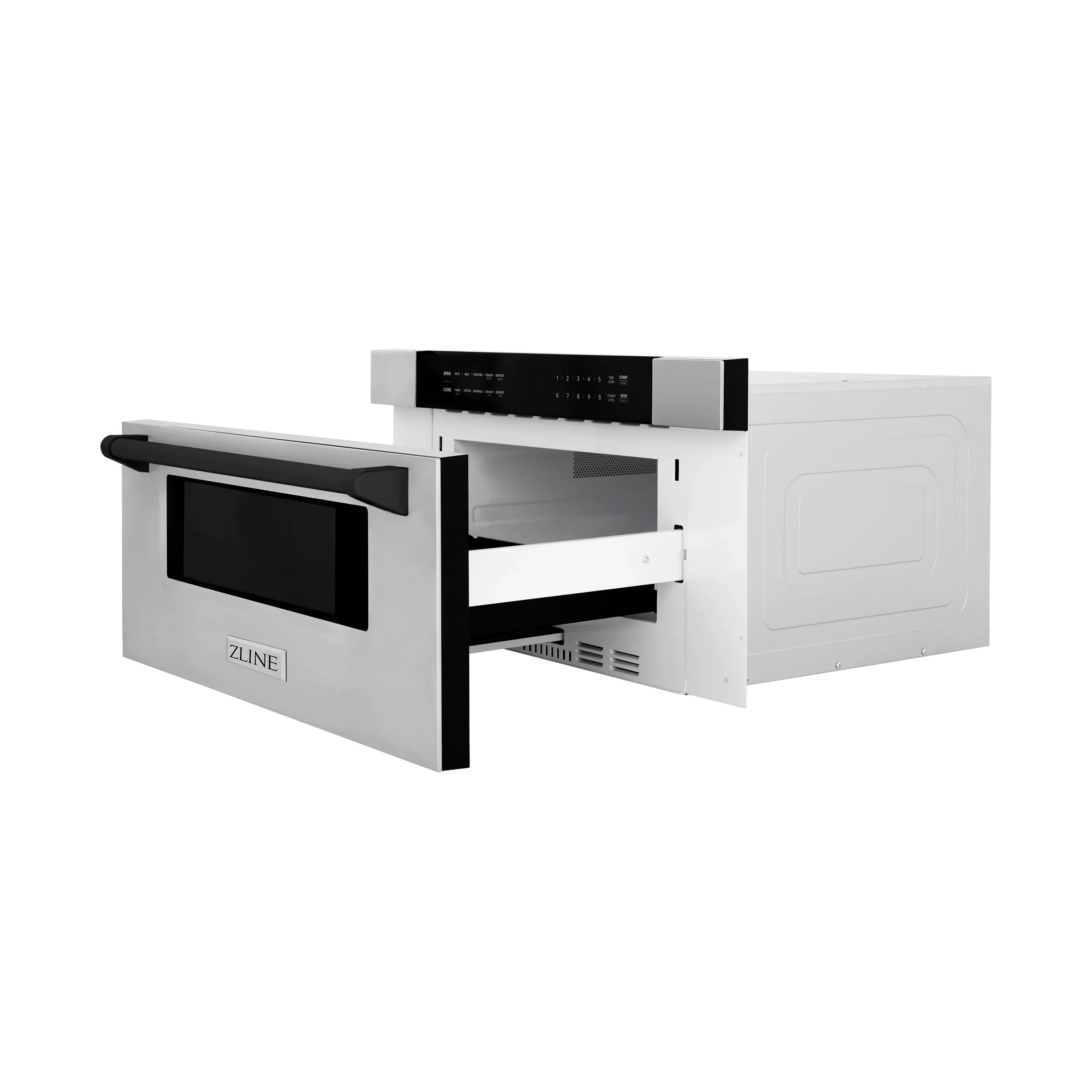 Stainless microwave drawer with extended door and black handle, interior view
