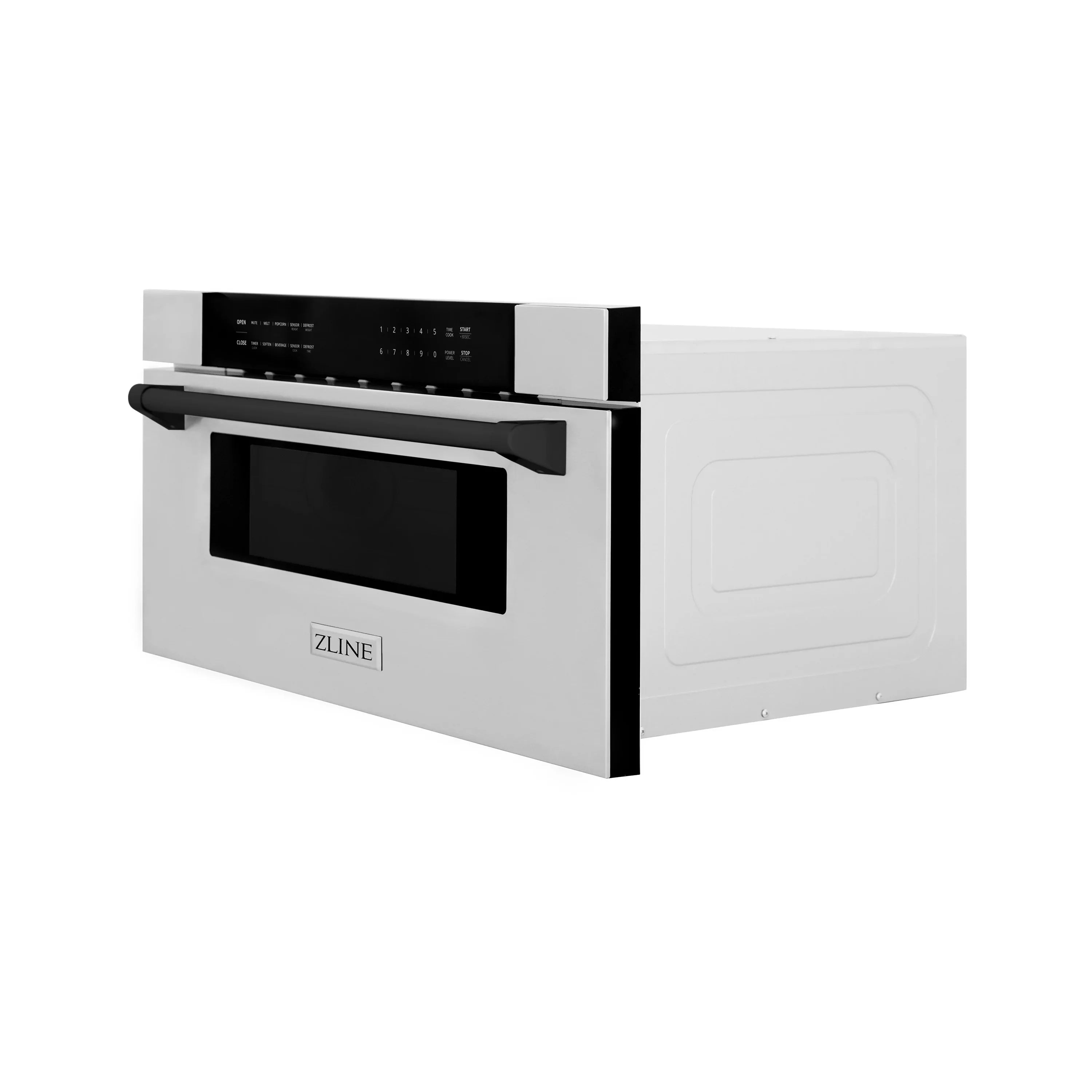 Microwave drawer with stainless steel frame and black door window, side angle