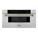 ZLINE Autograph 30-Inch Microwave Drawer in Stainless Steel and Polished Gold Helix Handle (MWDZ-30-KG)