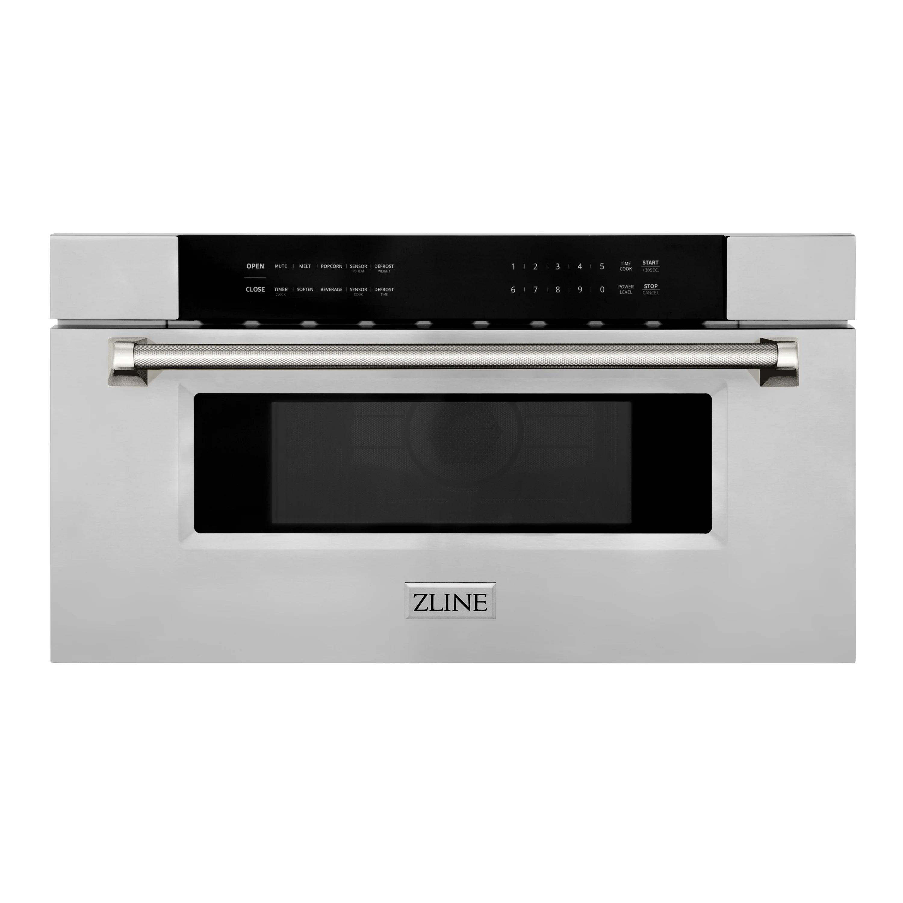Stainless steel microwave drawer with polished nickel helix handle and windowed display panel.