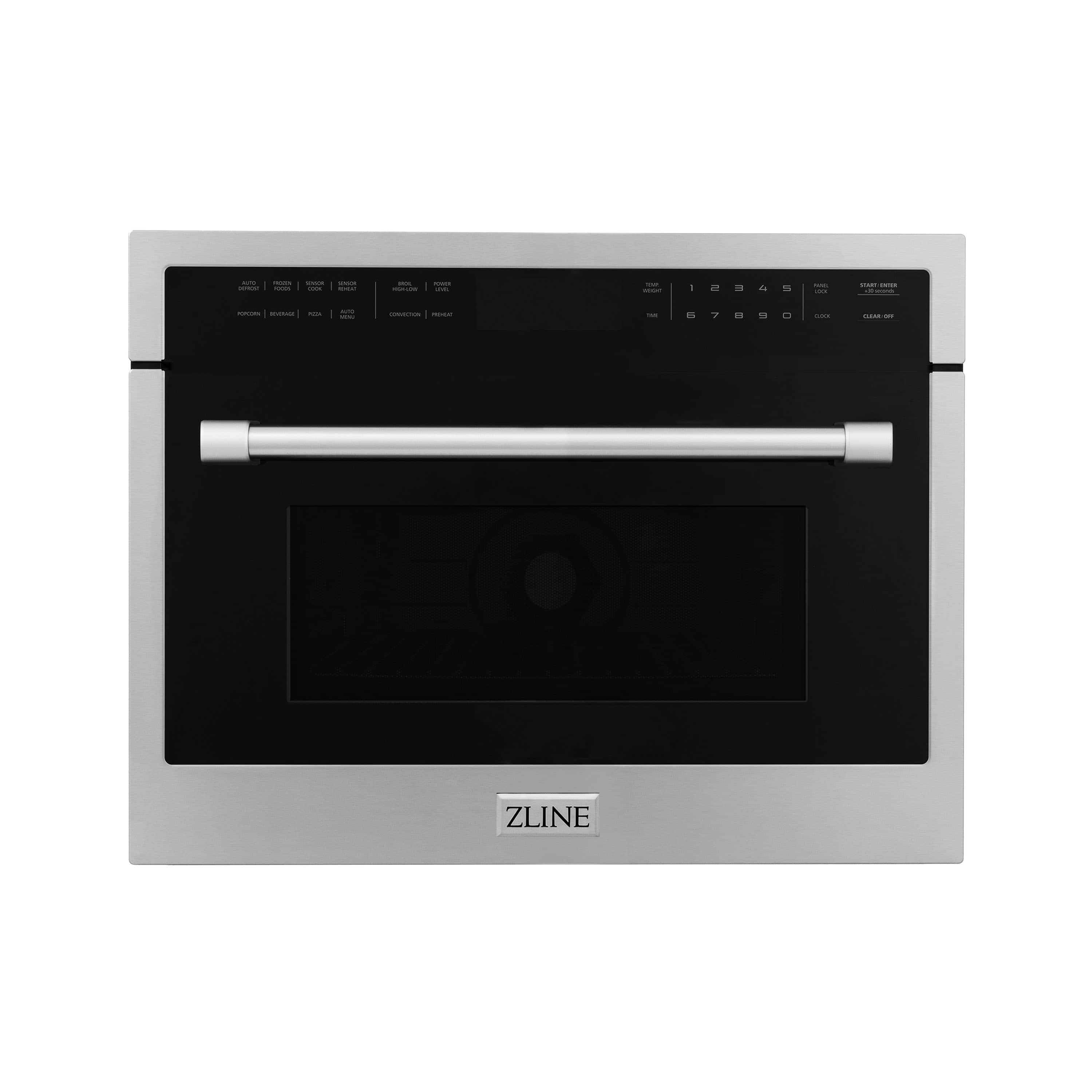Built-in stainless microwave oven with black glass door and control panel