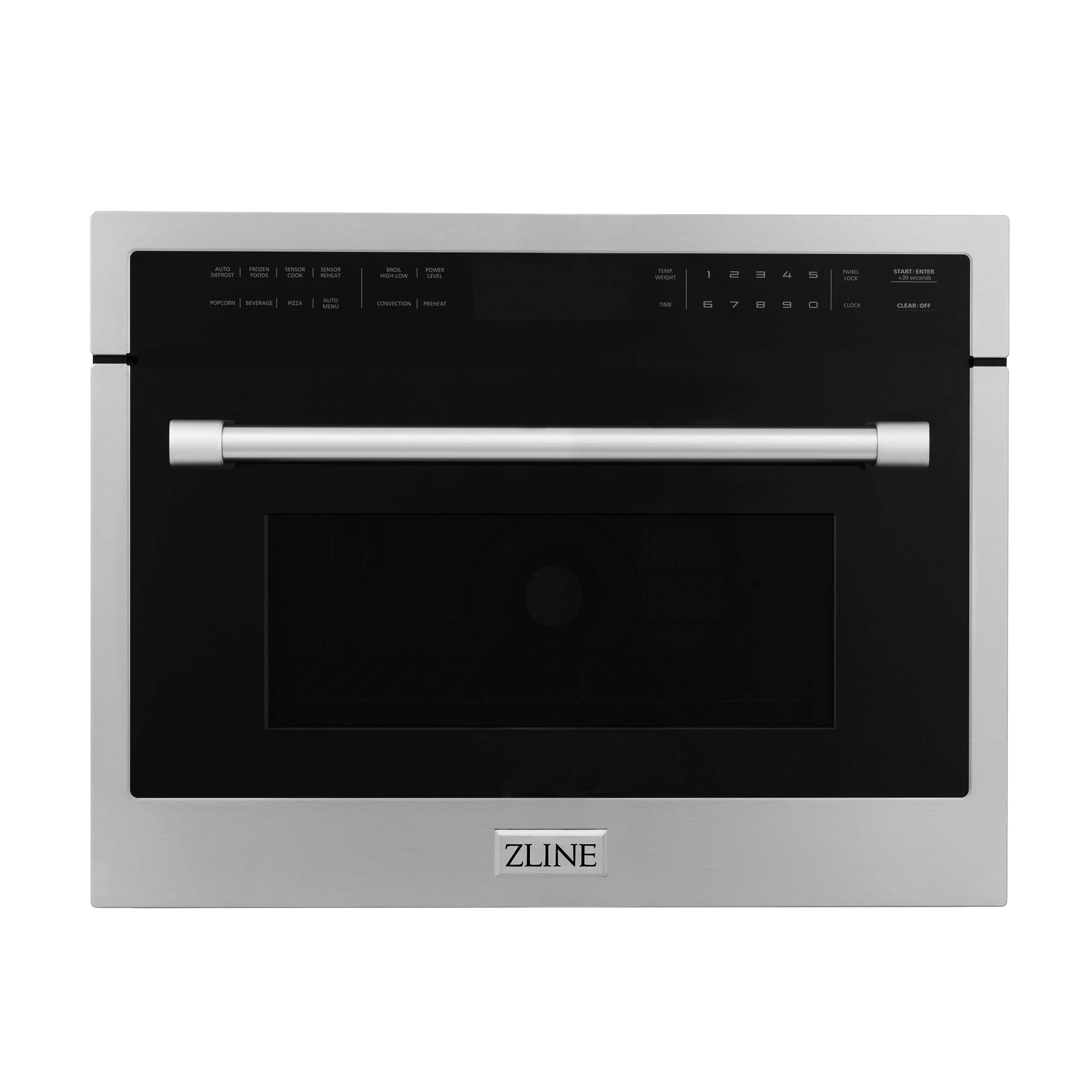 Stainless steel microwave oven with black glass door and bar handle