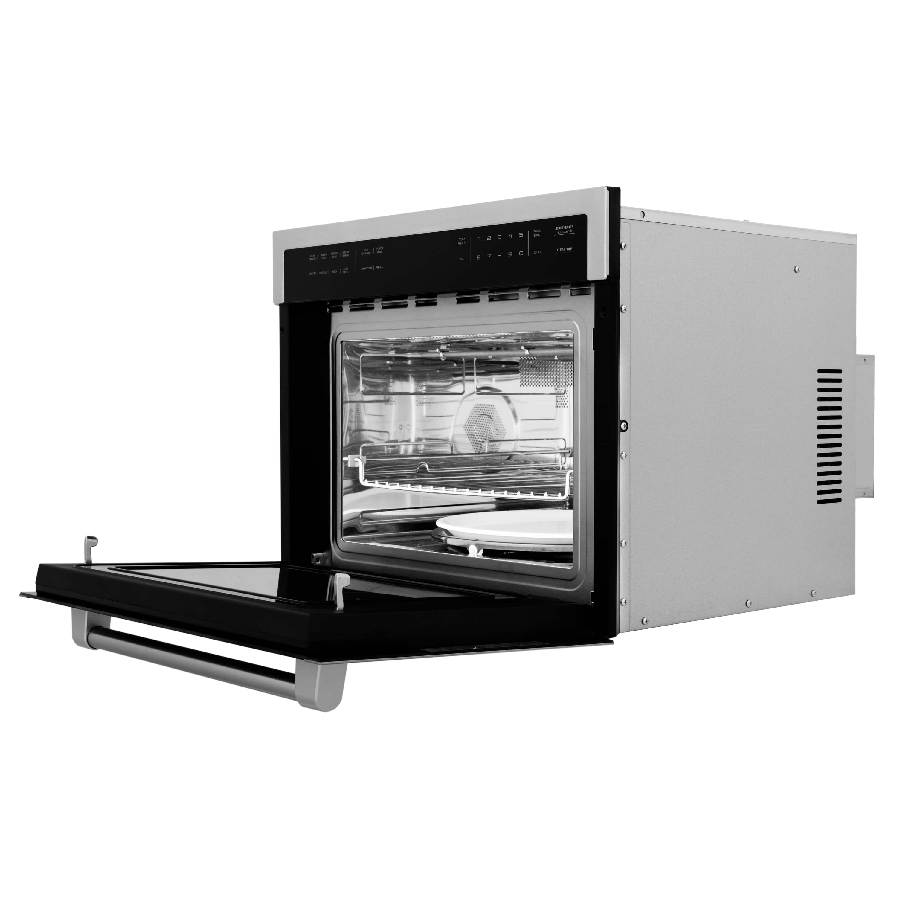 Built-in stainless microwave oven with open door and lit cooking chamber