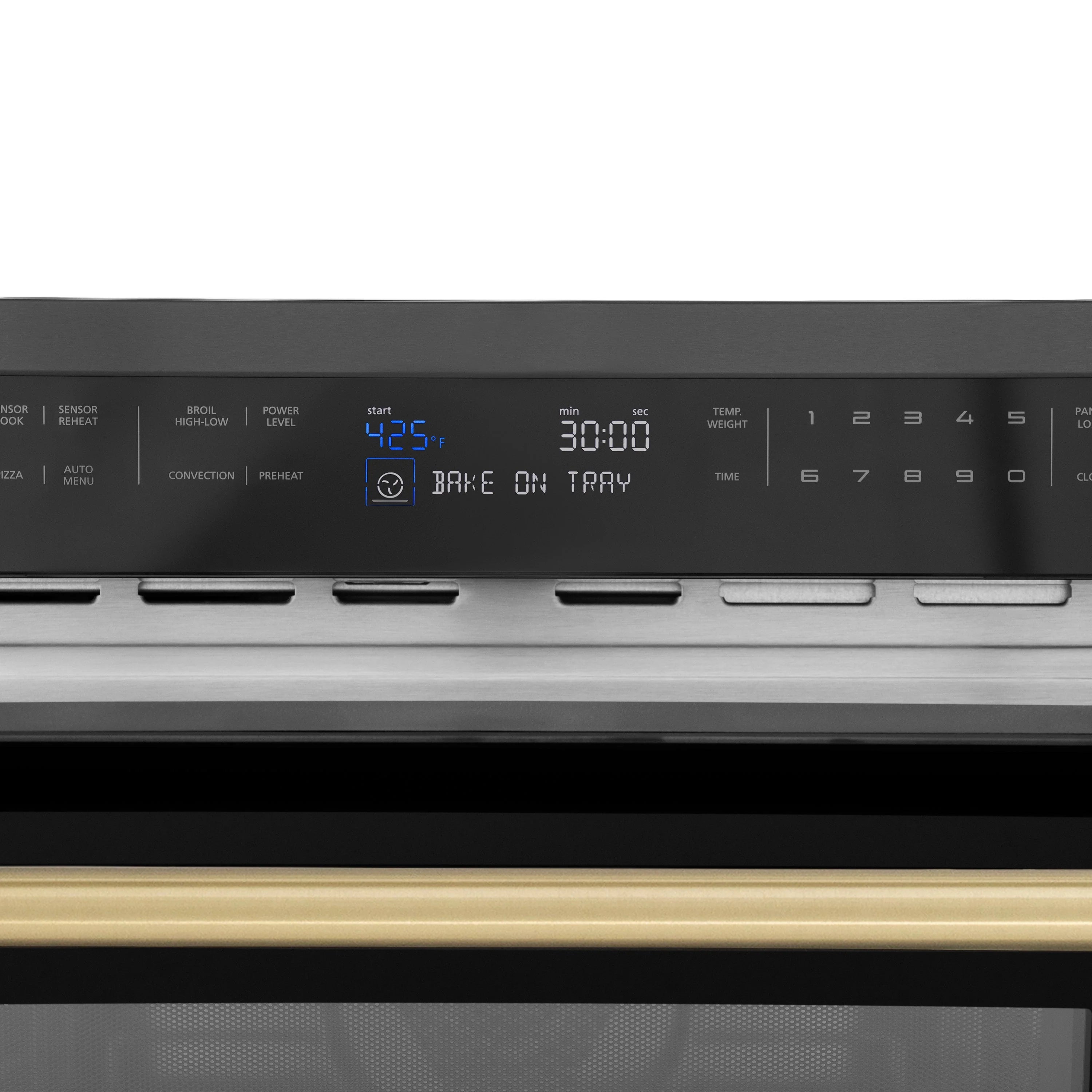 Built-in microwave control panel close-up with digital display and labeled buttons.