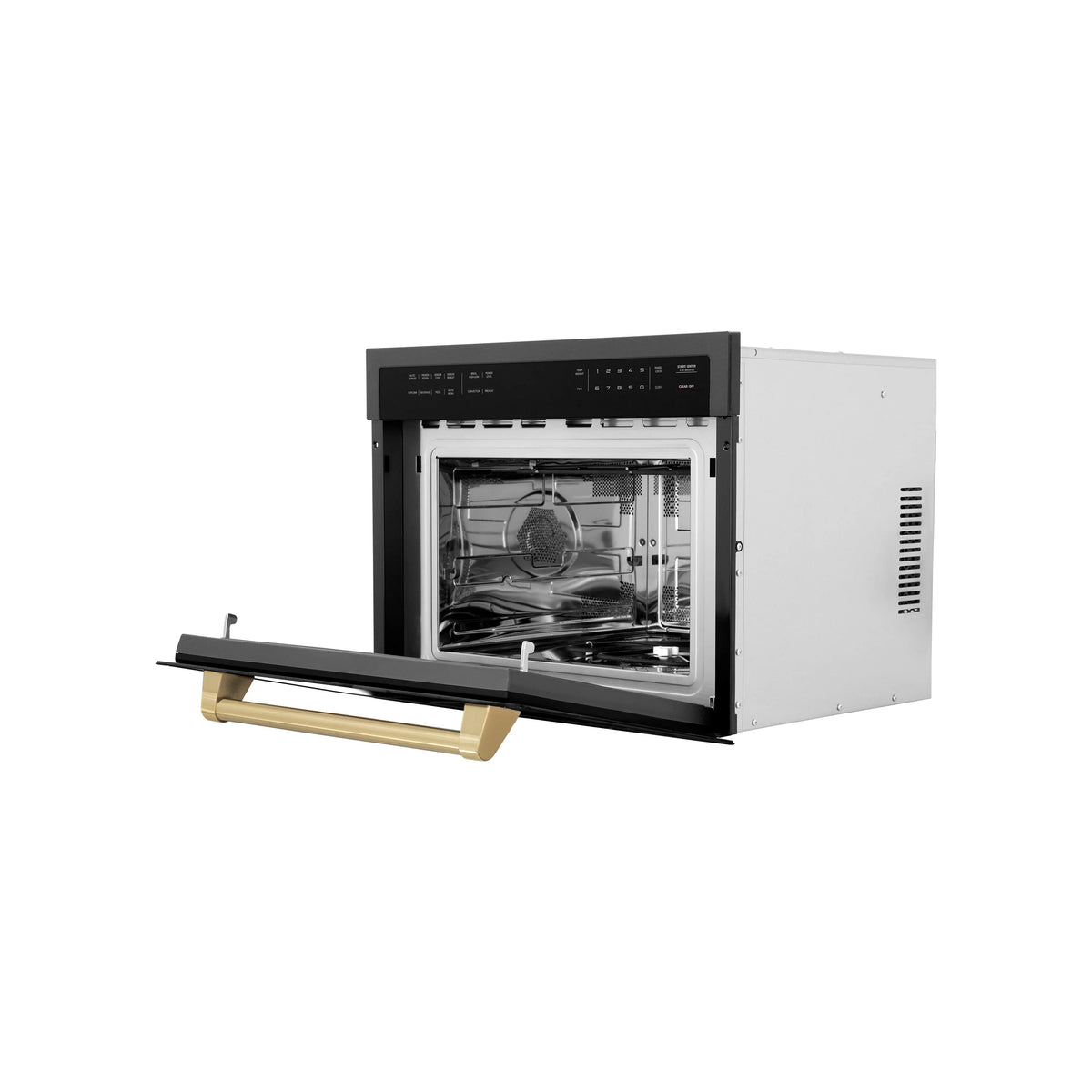 Open-door built-in convection microwave oven with interior visible and champagne bronze handle.
