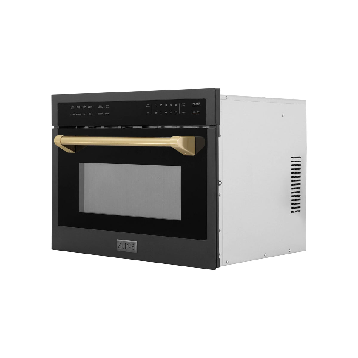 Built-in convection microwave oven with door open, black frame and champagne bronze handle.