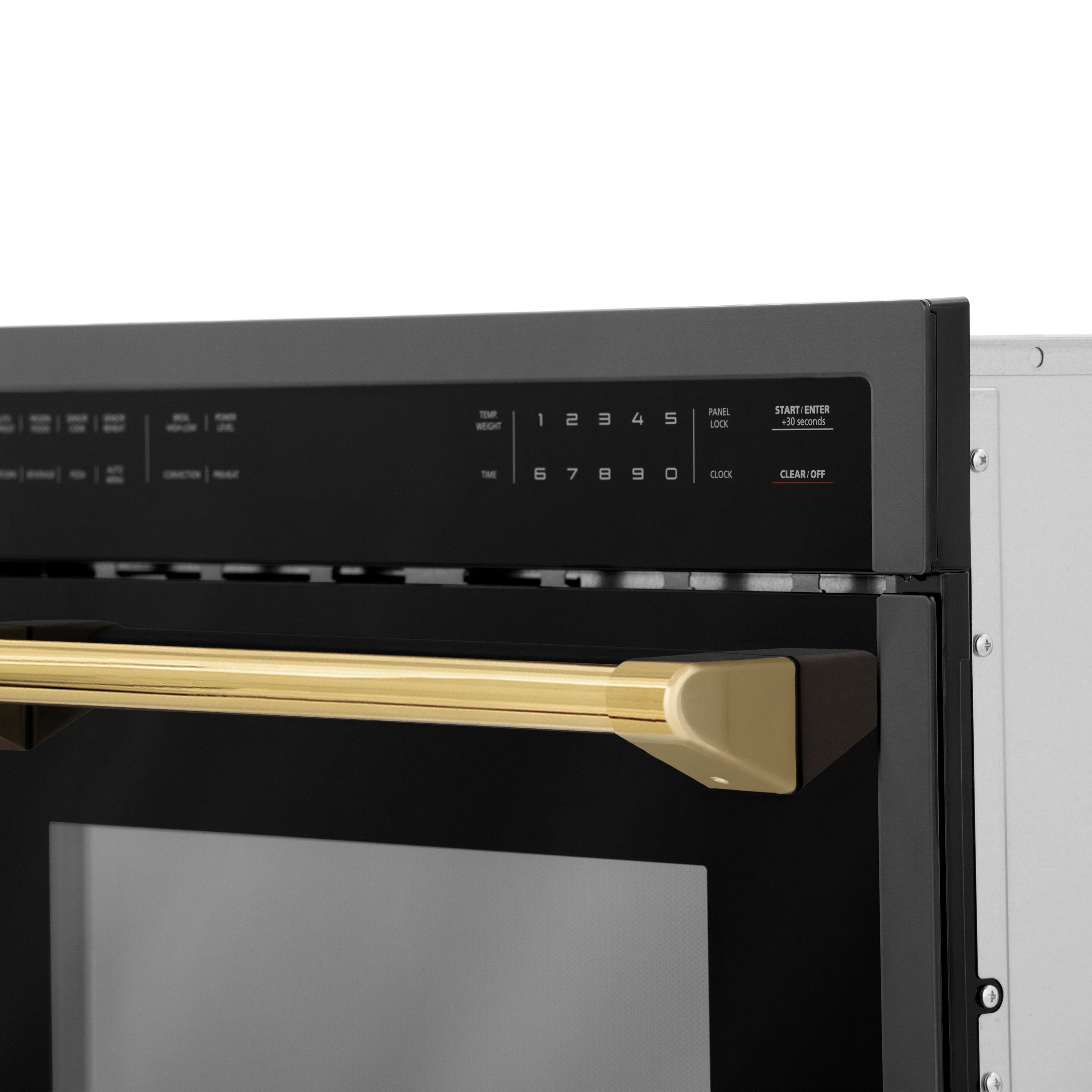 Close-up of microwave door frame, gold handle bar, and control panel section