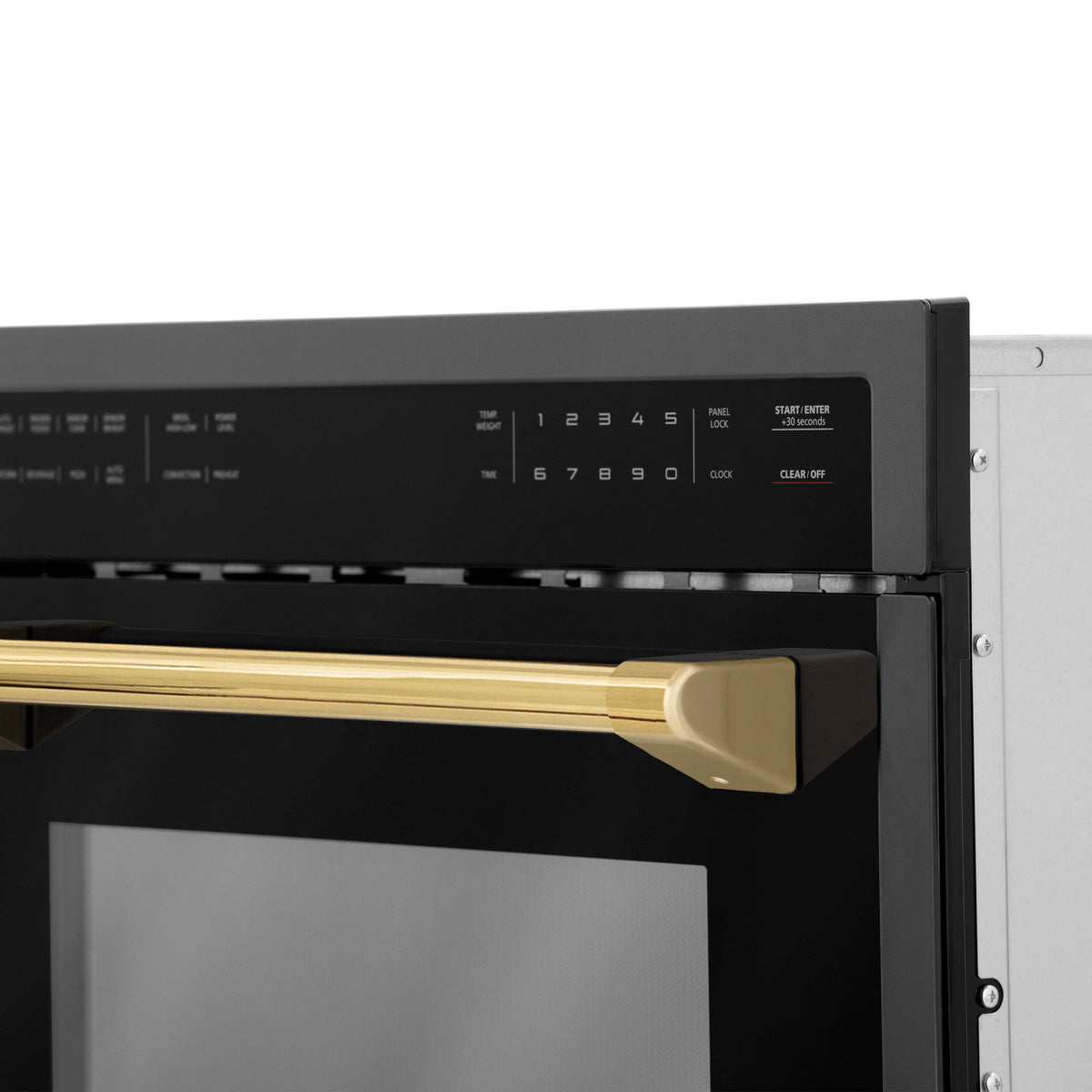 Microwave oven control panel and champagne bronze handle bar, stainless trim and black door