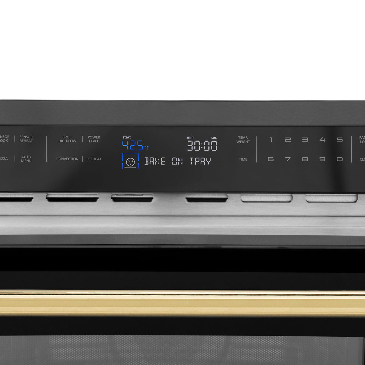 Microwave control panel with digital display and buttons above the gold handle bar