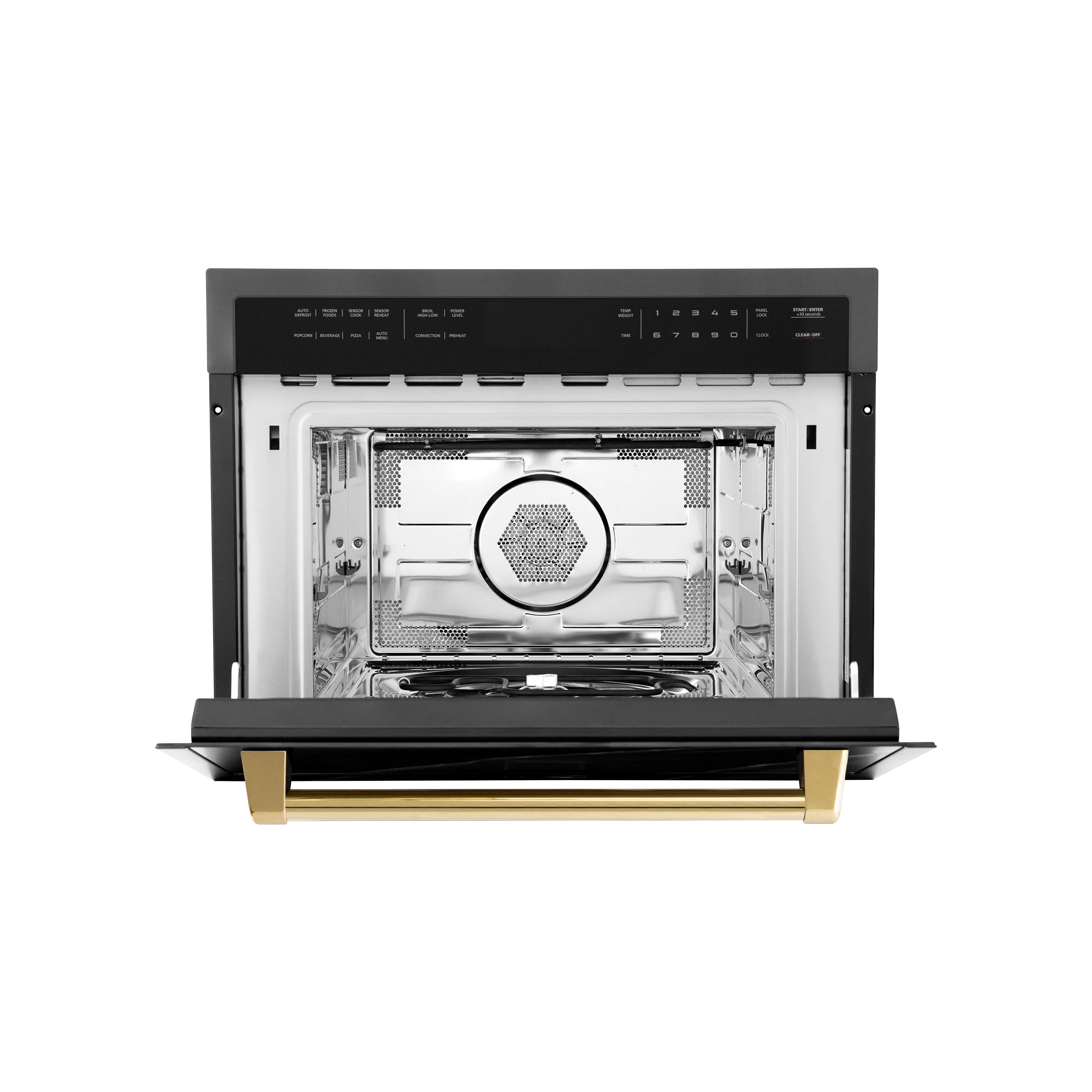 Convection microwave oven with door open, showing grill area and gold front handle