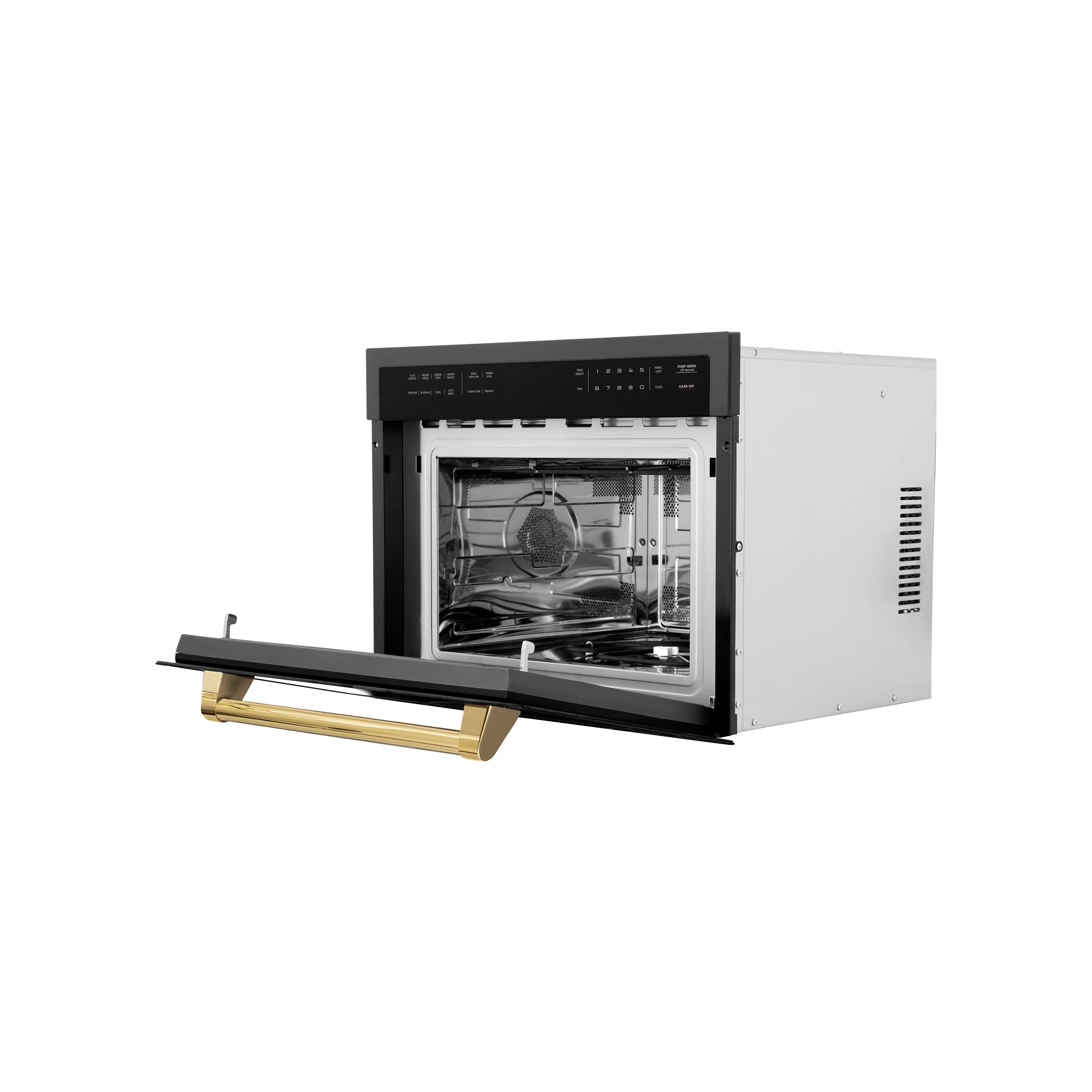 Built-in convection microwave oven with door open, showing interior cavity and gold handle