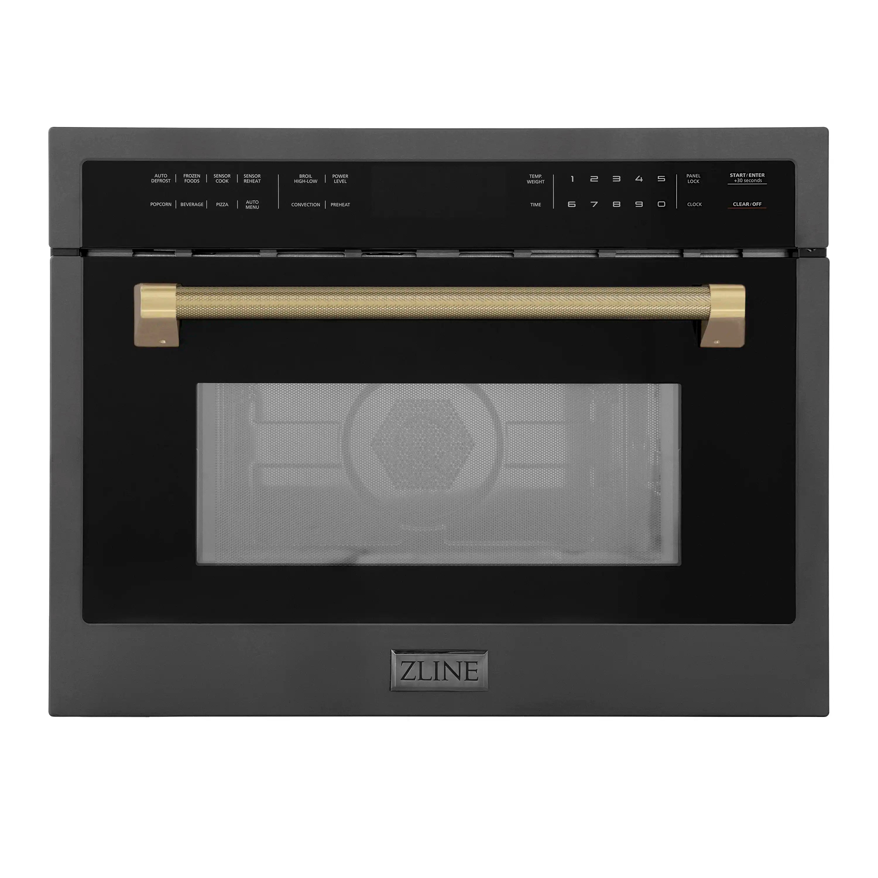 Black stainless microwave oven with glass door window and champagne bronze helix handle