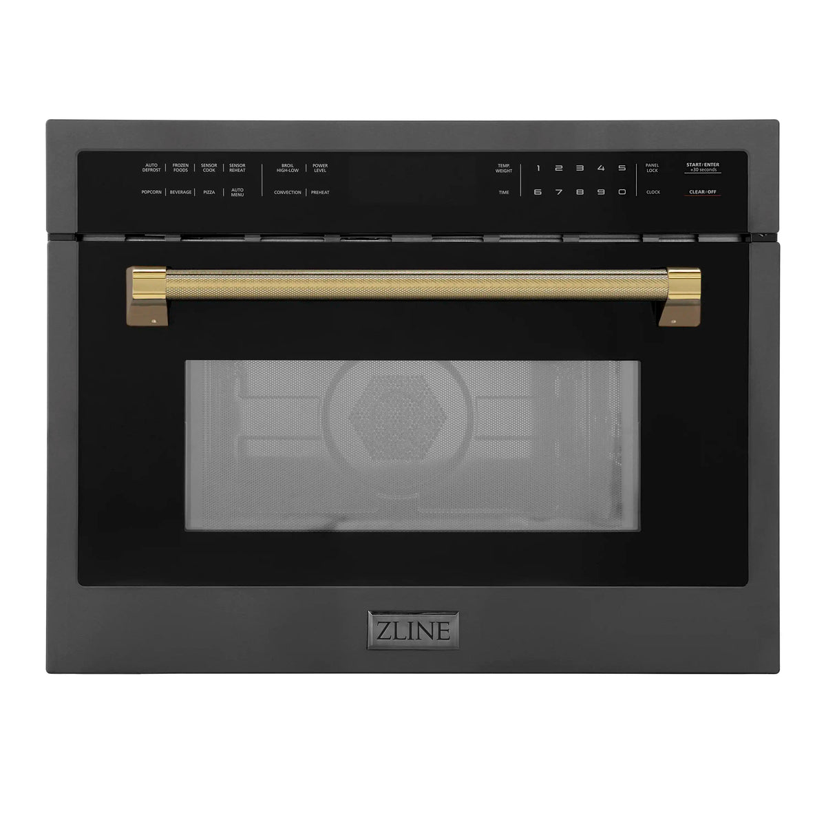 Black stainless microwave oven front with gold helix handle and control panel