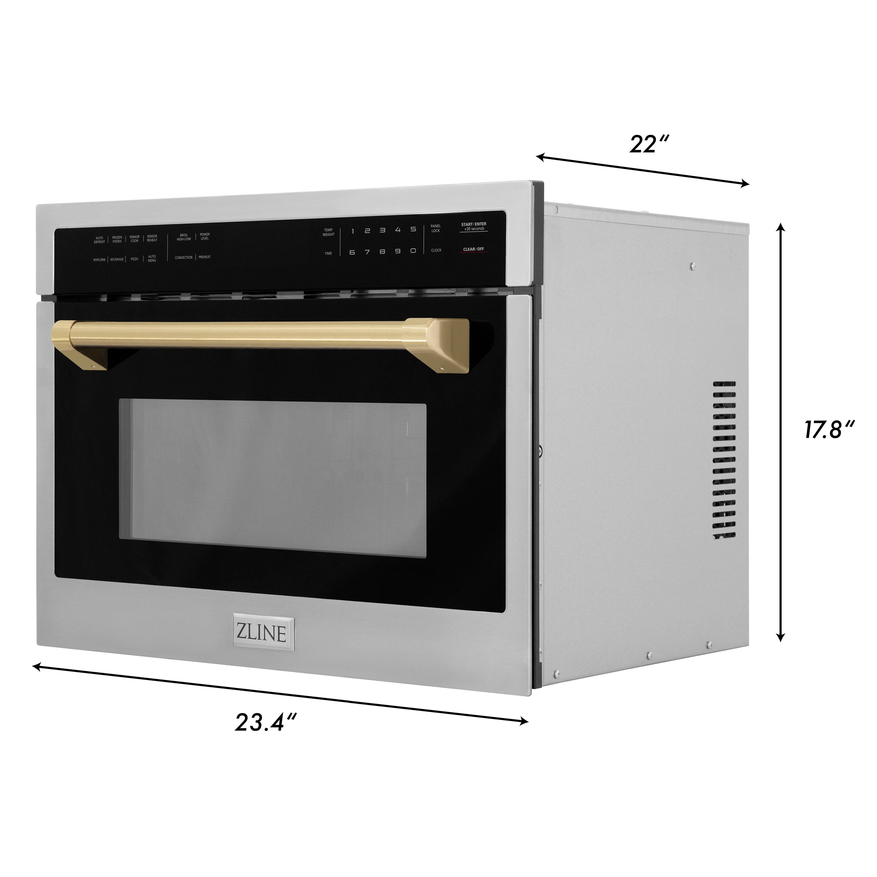 Built-in convection microwave oven with open door, stainless finish and champagne bronze handle trim