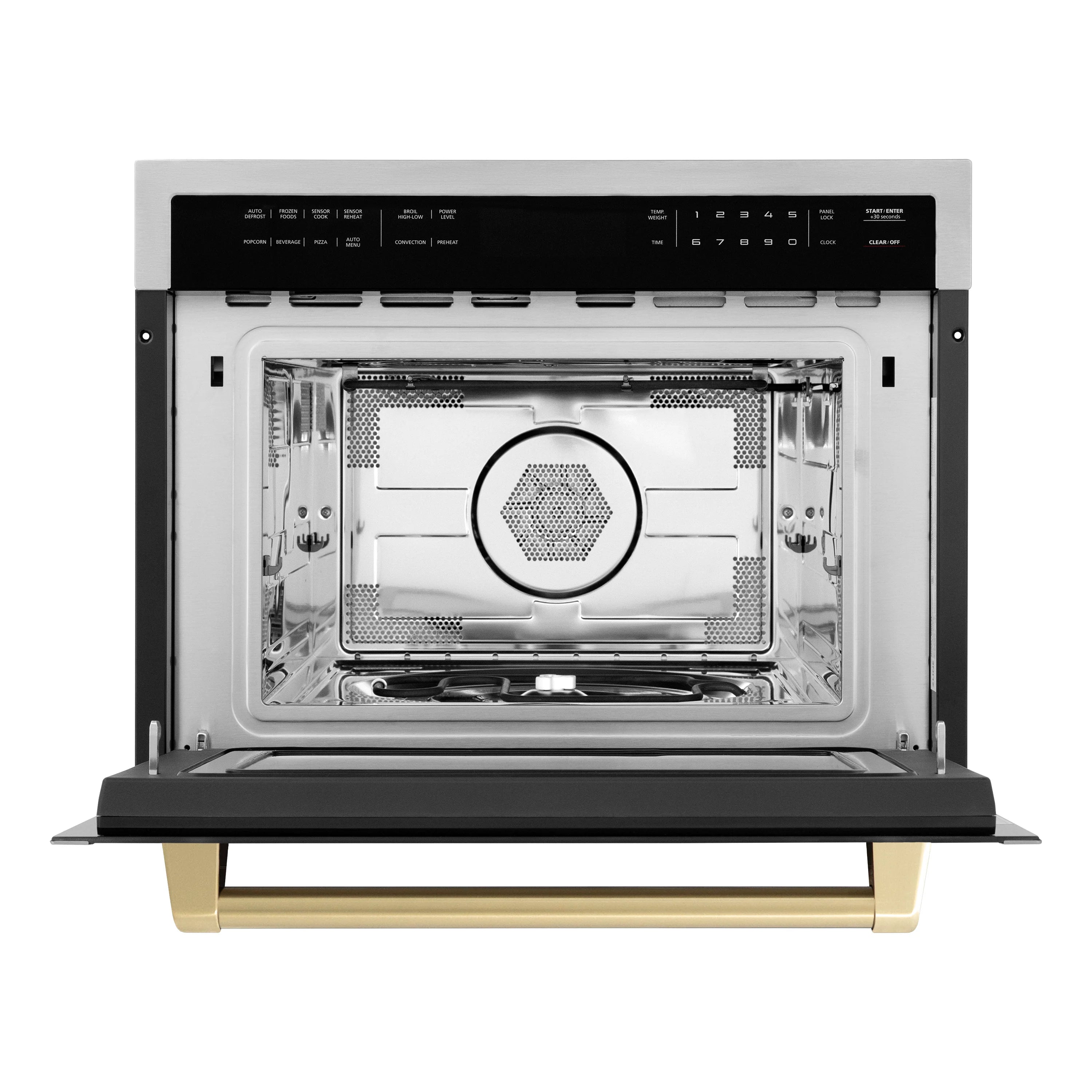 Microwave oven interior cavity with turntable, stainless walls, and champagne bronze front rack
