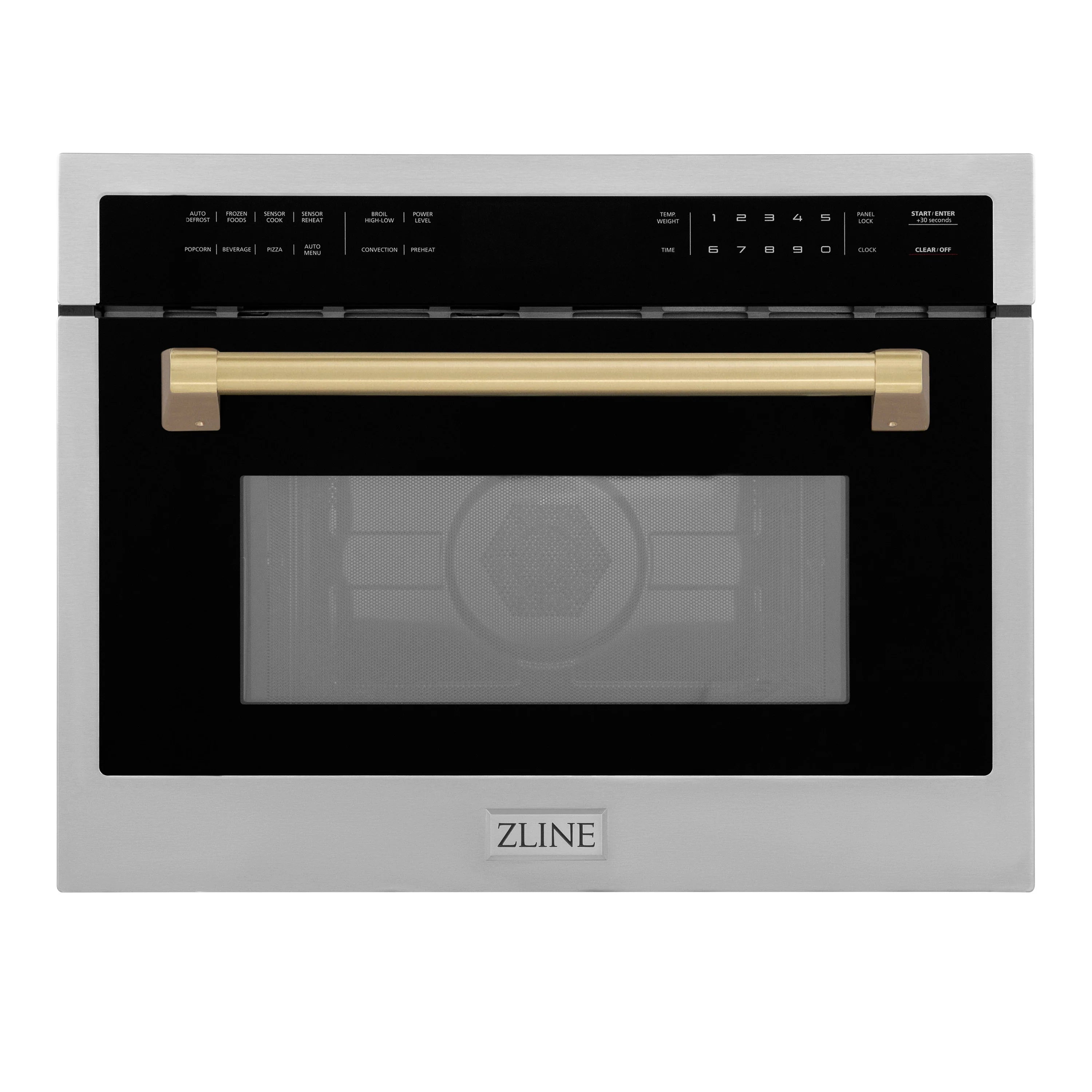 Built-in convection microwave oven with closed door, stainless finish and champagne bronze handle