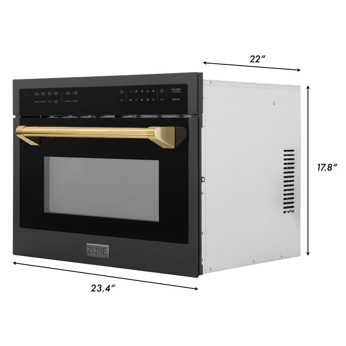 Black microwave oven with gold handle accents, shown from side and front with vents