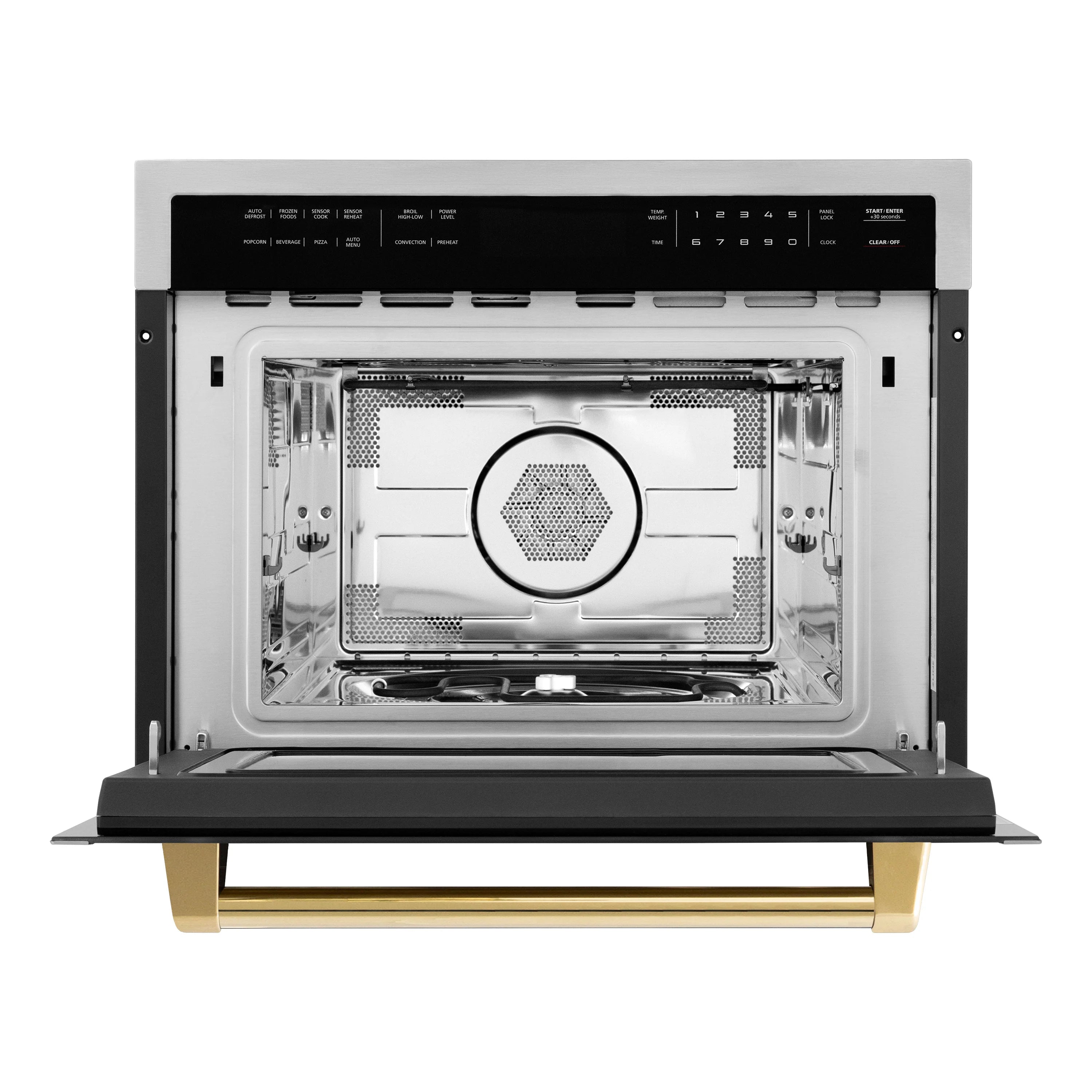 Built-in convection microwave oven interior view, stainless cavity with gold handle trim