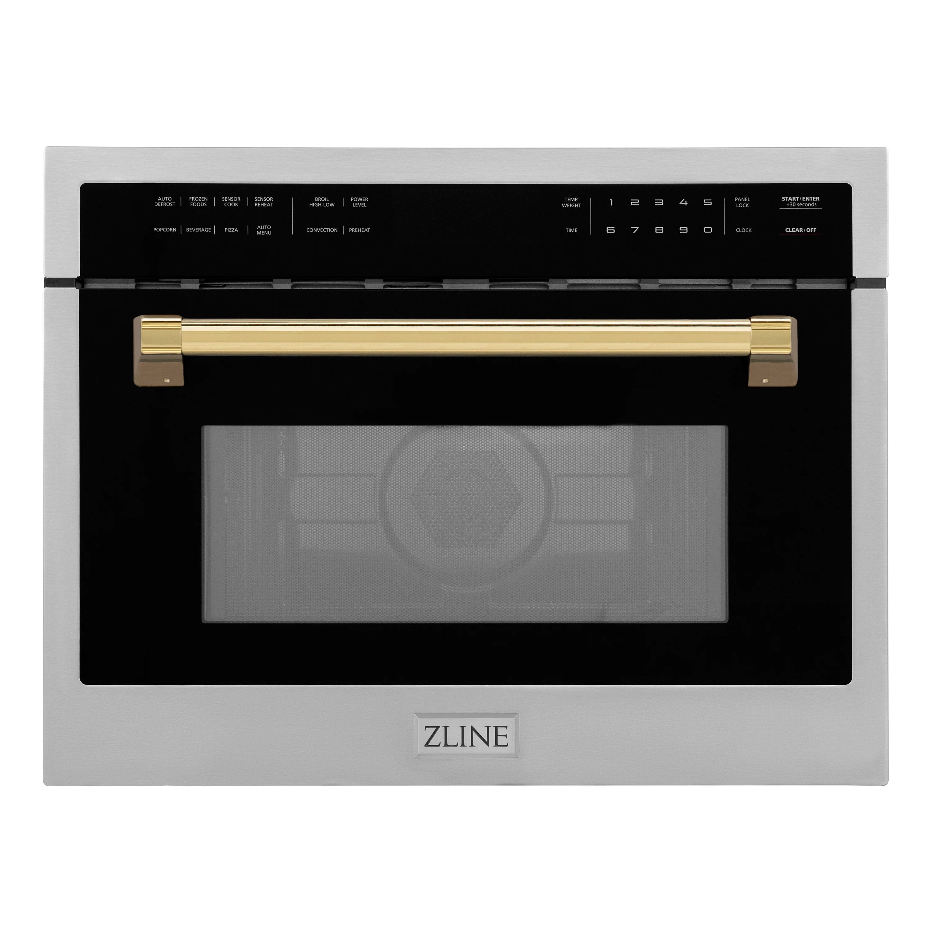Built-in convection microwave oven with dark window, gold accent handle and ZLINE badge