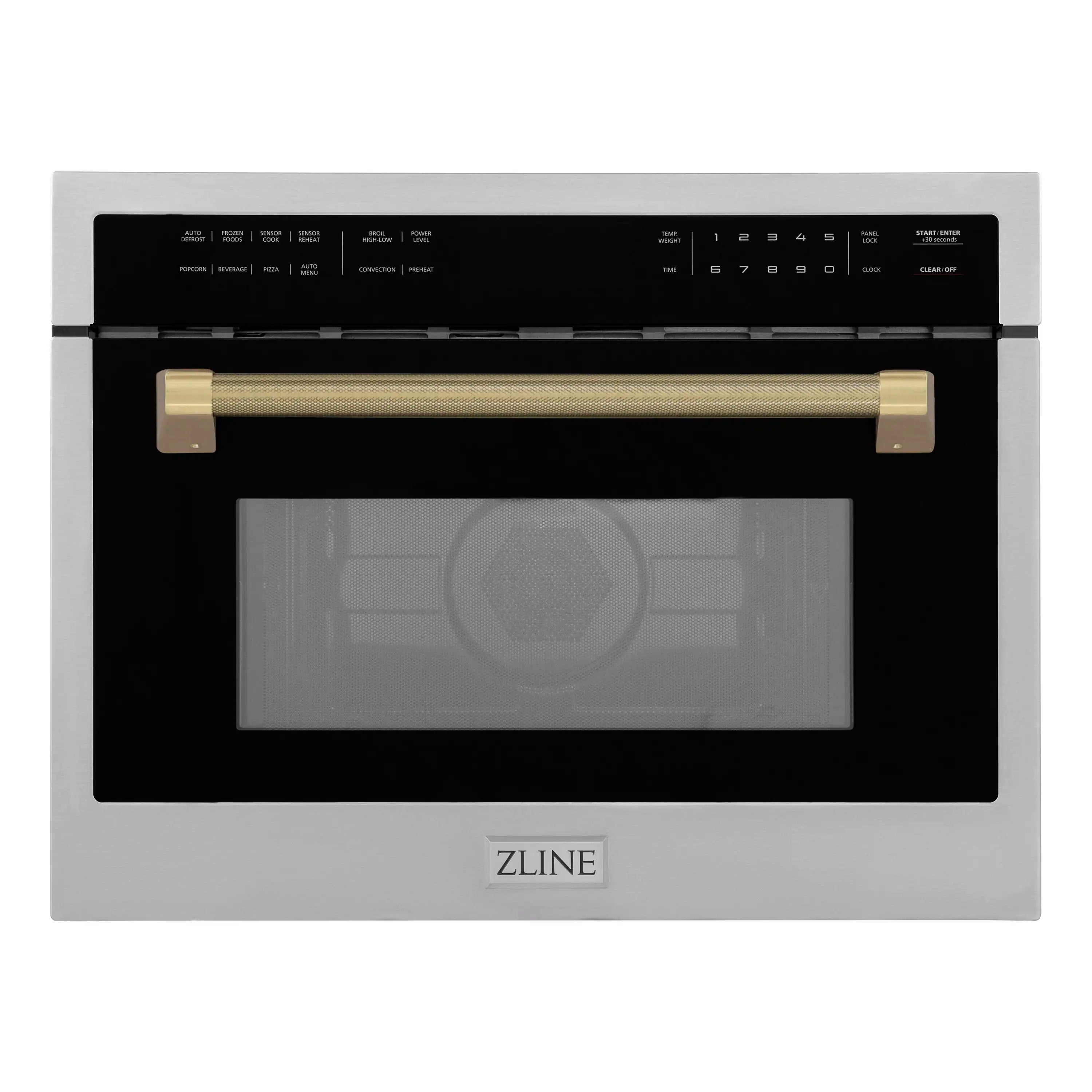 Microwave oven with black glass door panel and champagne bronze handle