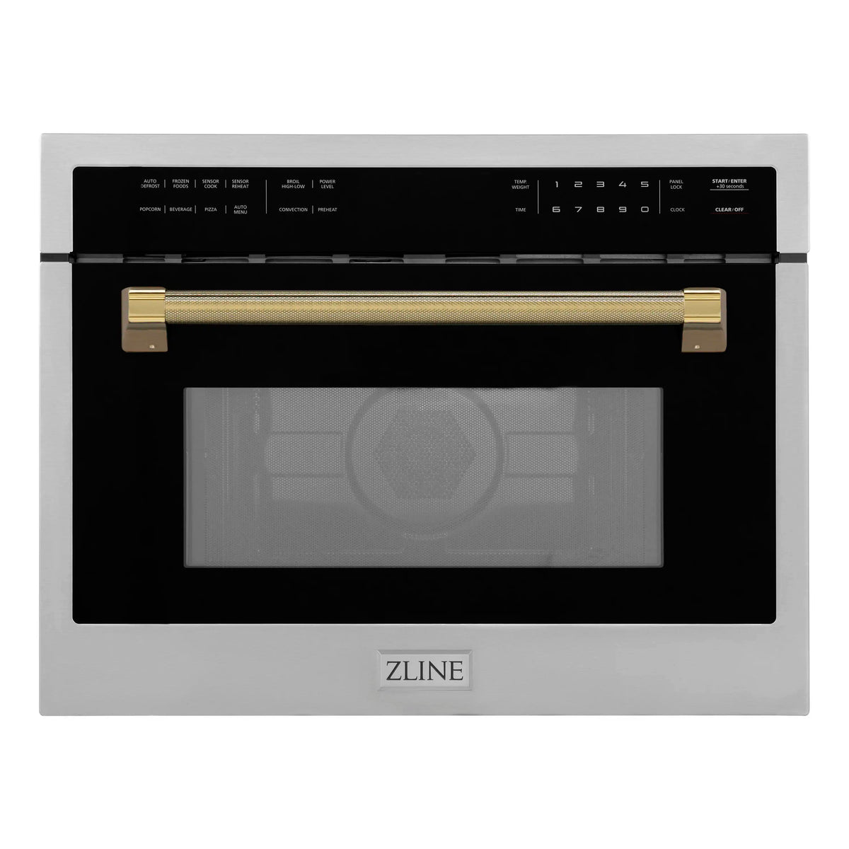 Stainless steel microwave with black window and polished gold handle, front view