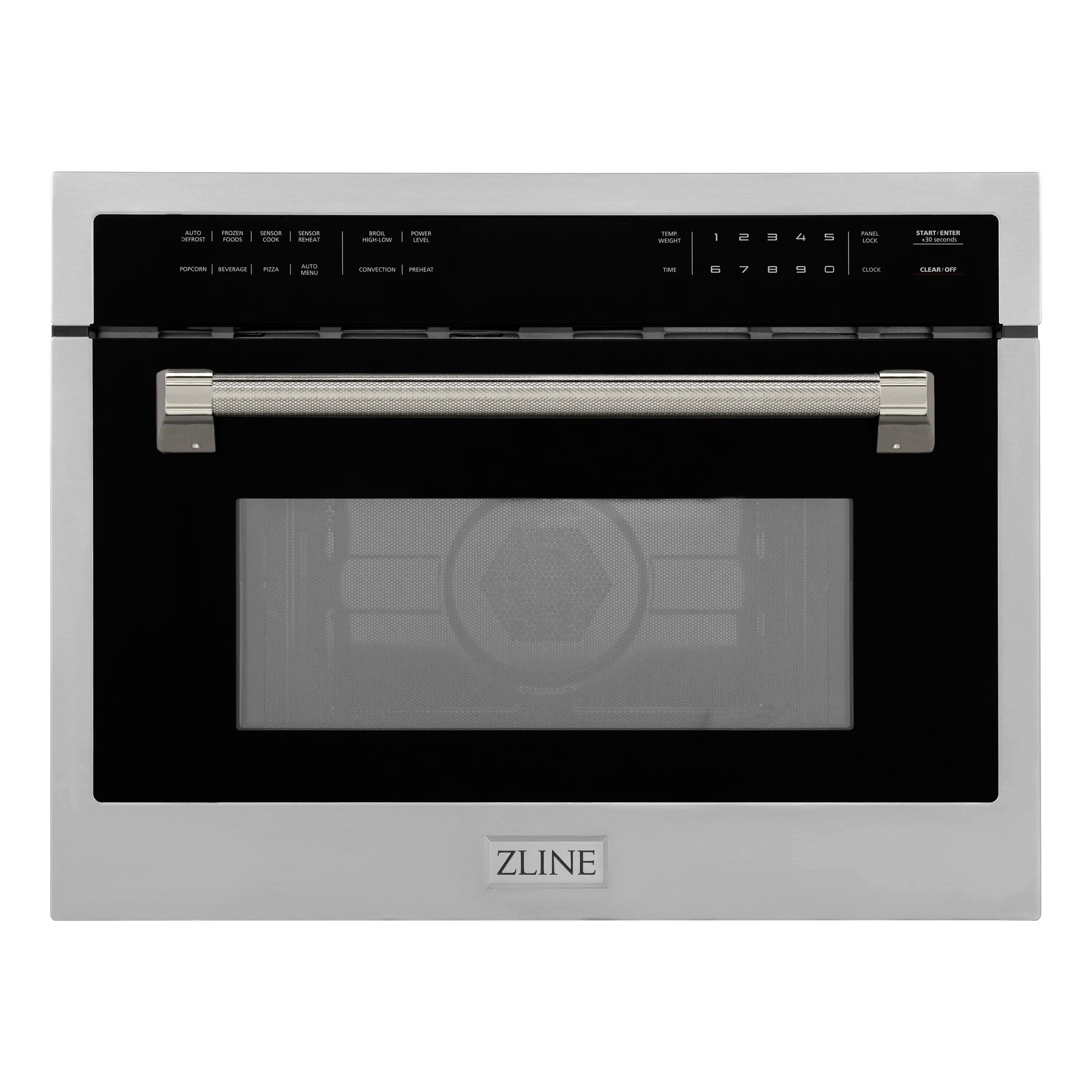 Stainless steel microwave oven with control panel and polished nickel handle