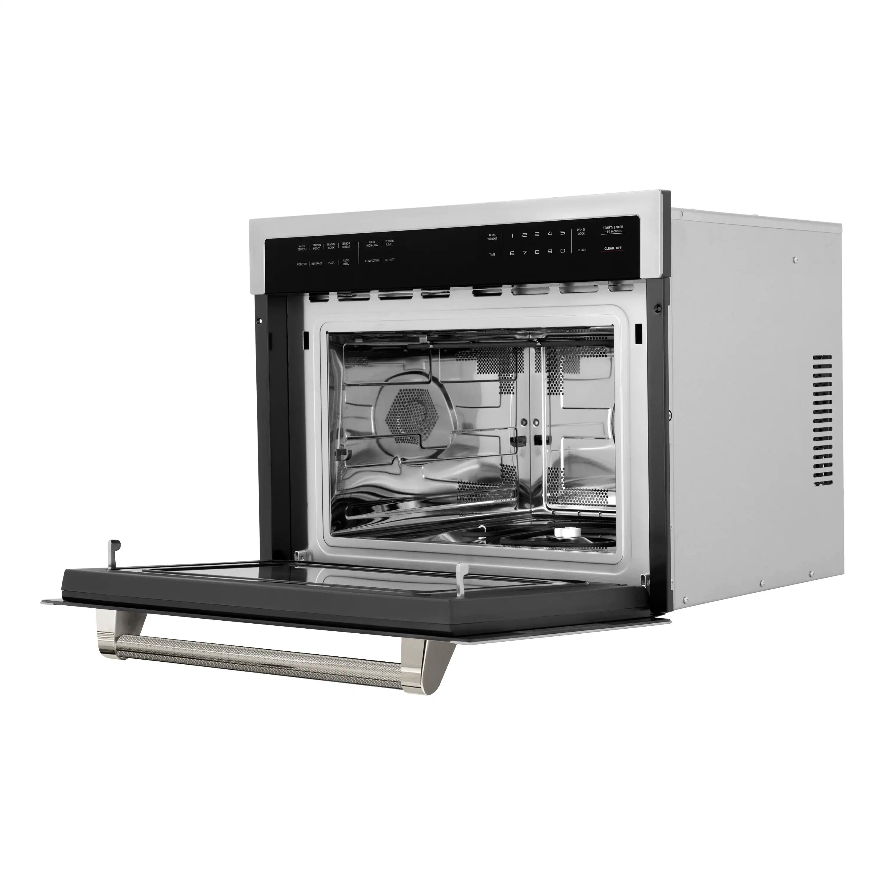 Microwave oven door open showing interior cavity and turntable platform
