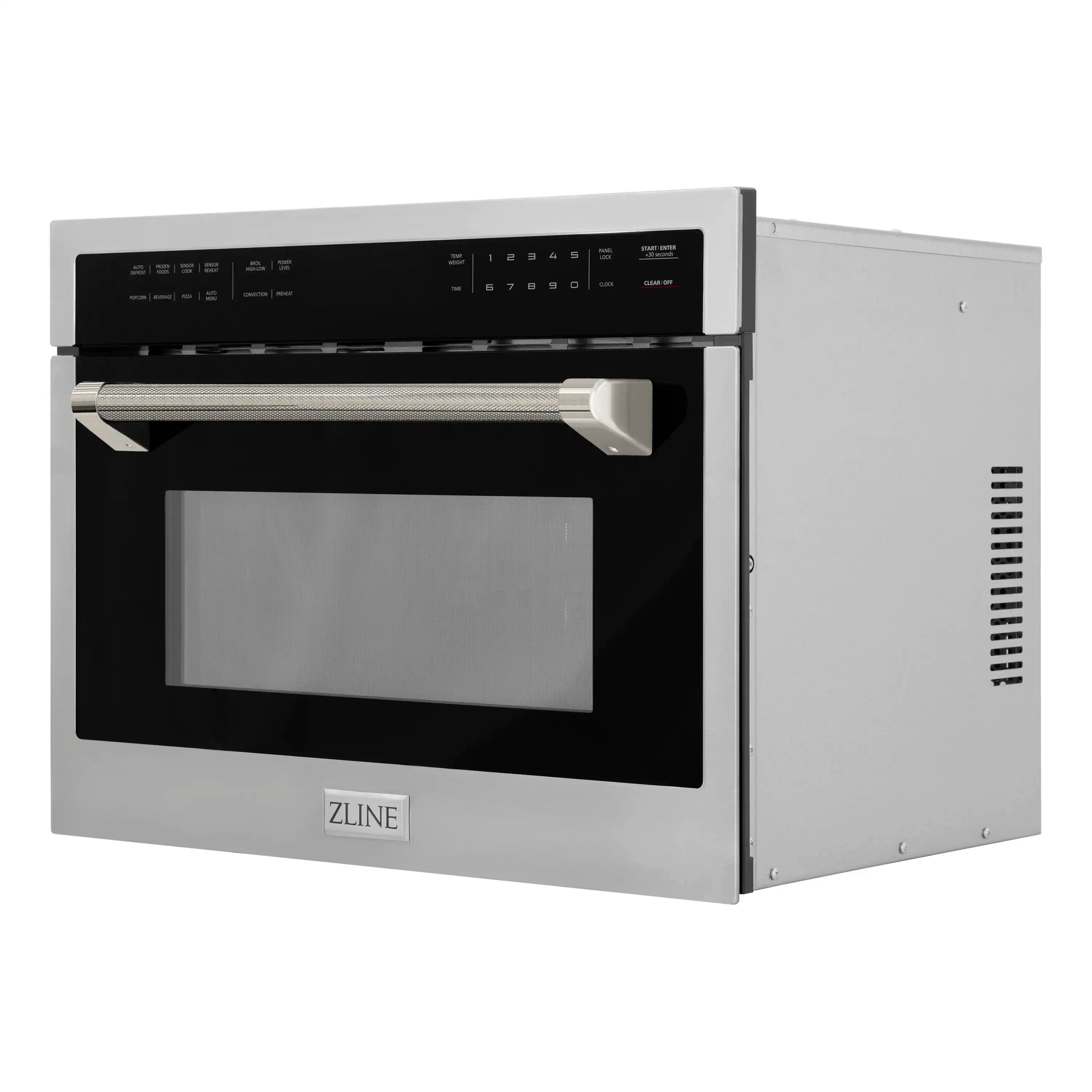 Stainless steel microwave oven with door and black glass, side ventilation