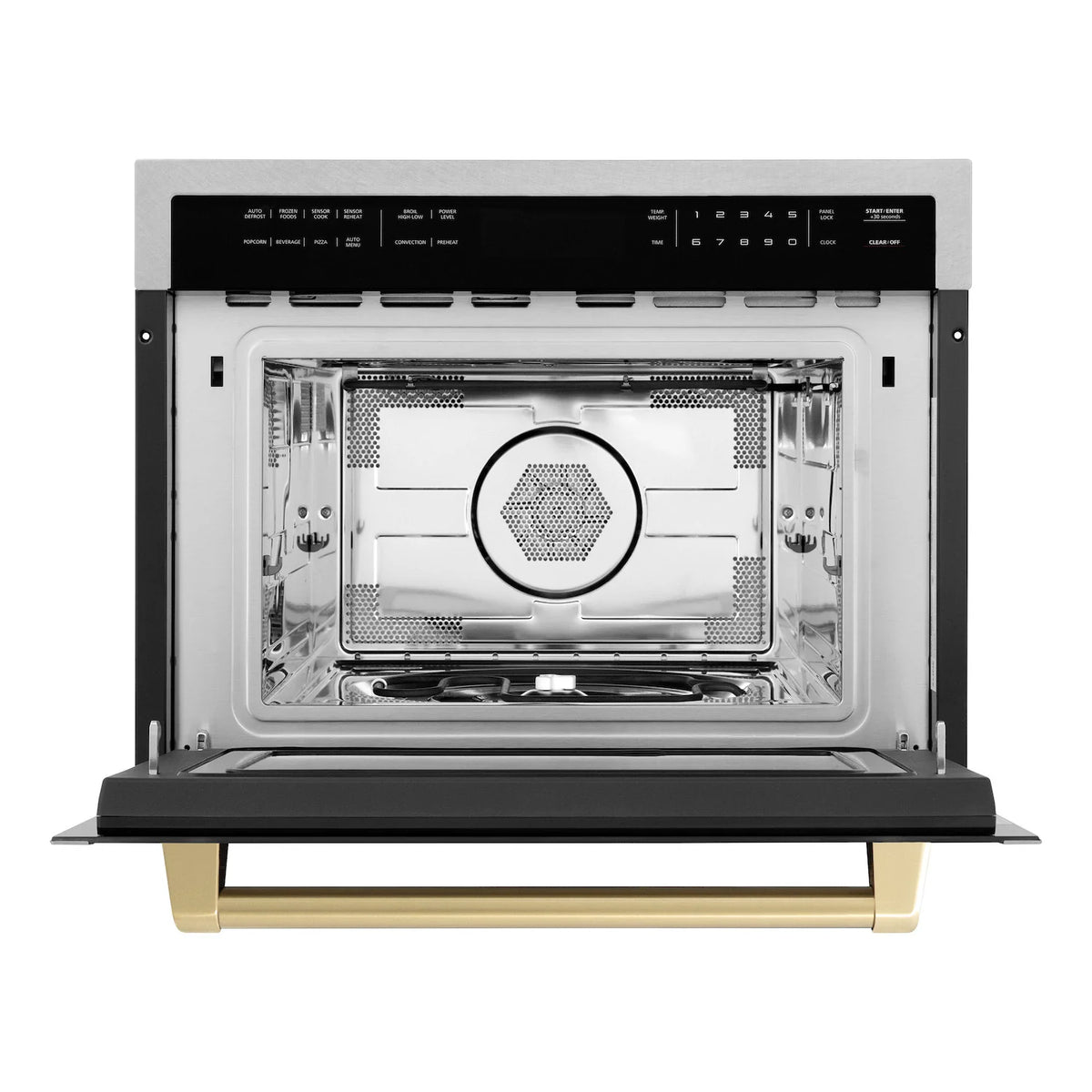 Microwave oven with door open, showing interior cavity and champagne bronze handle bar