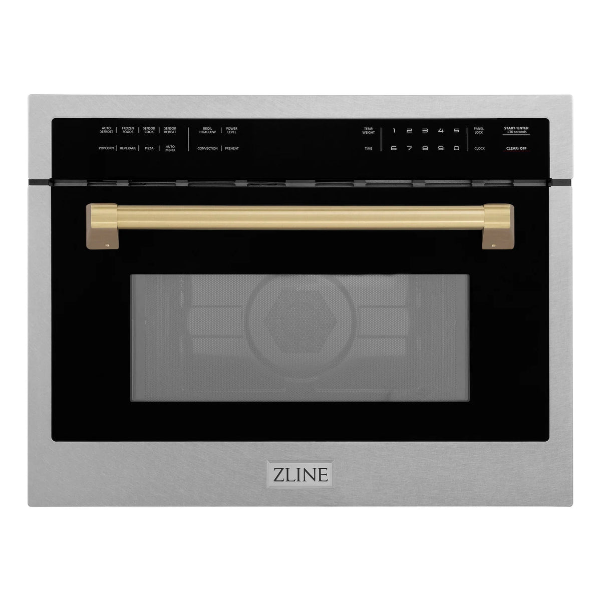 Microwave oven with satin stainless steel finish and champagne bronze handle on black panel