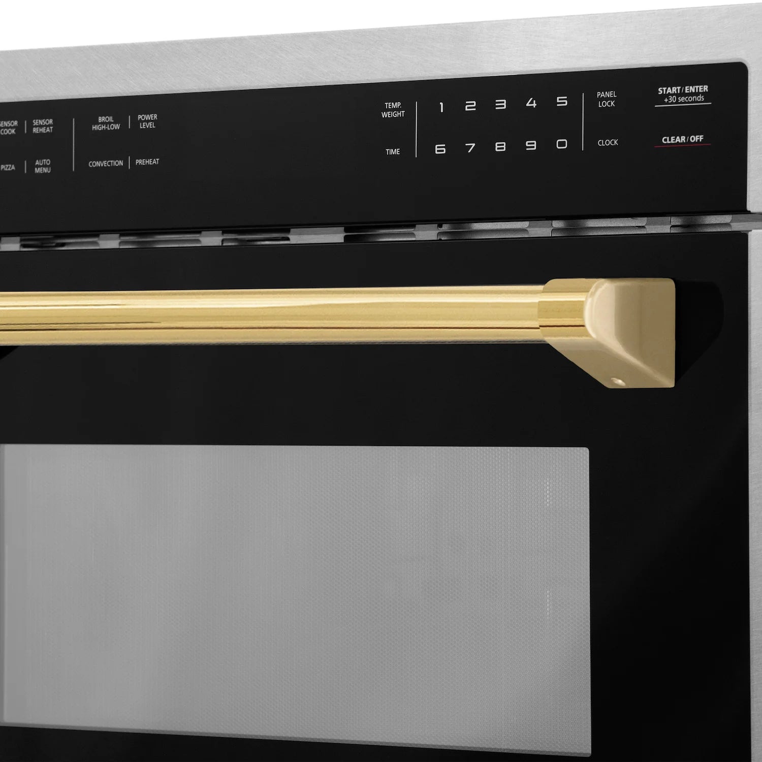Microwave control panel with numeric keypad and gold front handle
