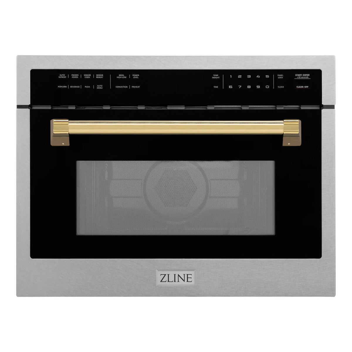 Front view of satin stainless steel 24-inch microwave with gold accent handle