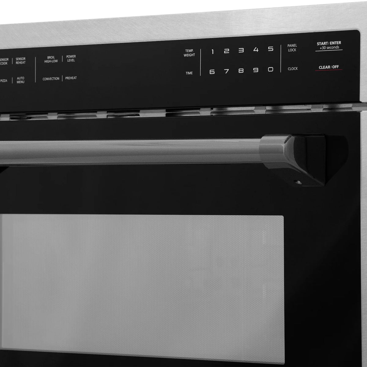 Microwave control panel with black glass door and keypad controls