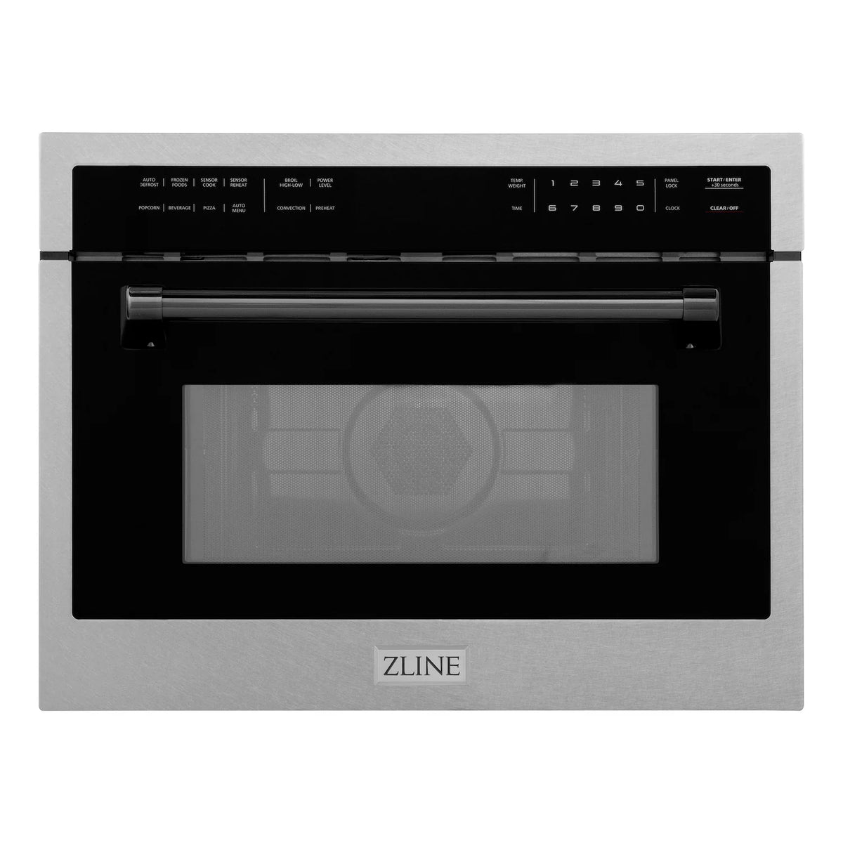 24-inch microwave oven front with satin stainless steel finish and matte black door trim