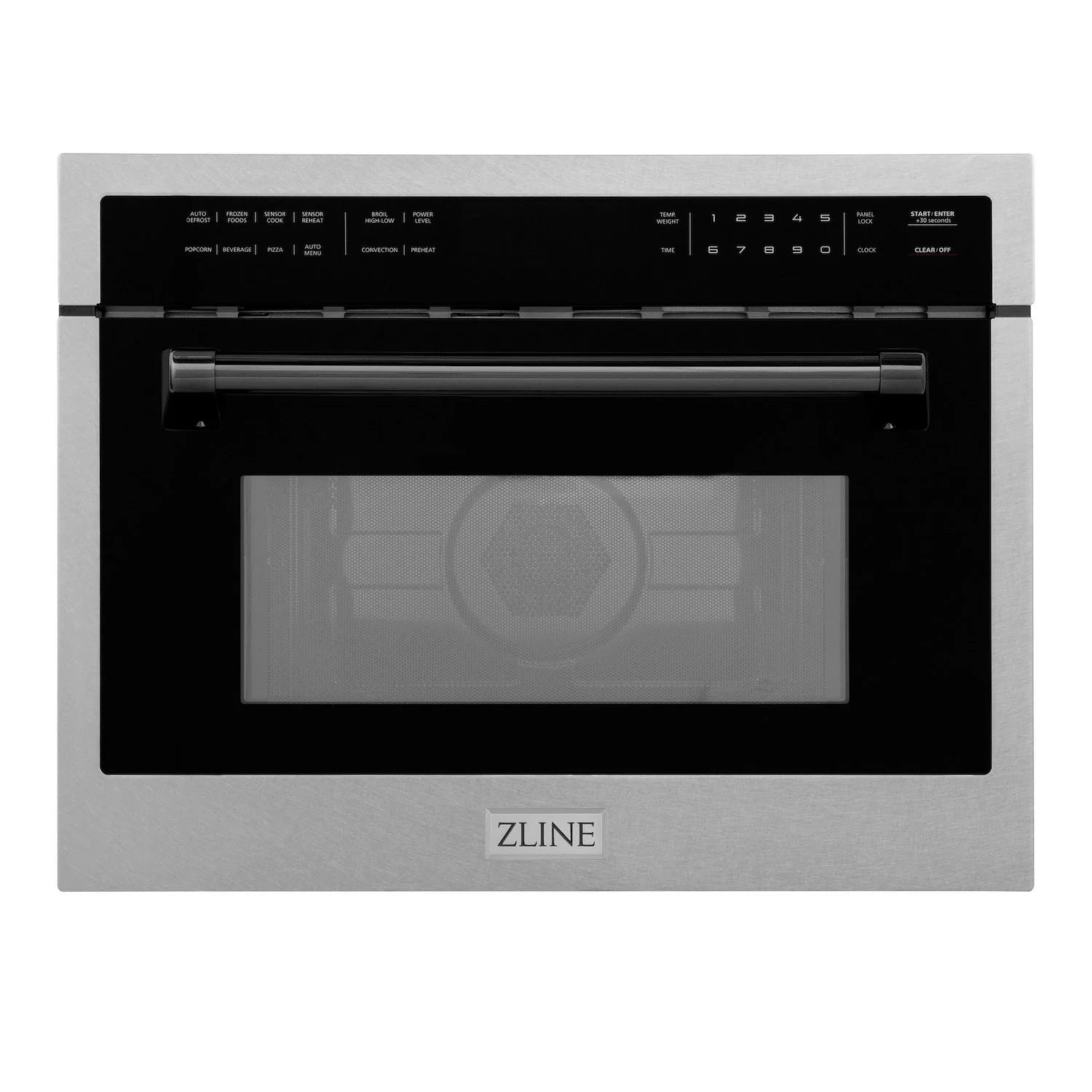 24-inch microwave oven with satin stainless steel door and matte black trim